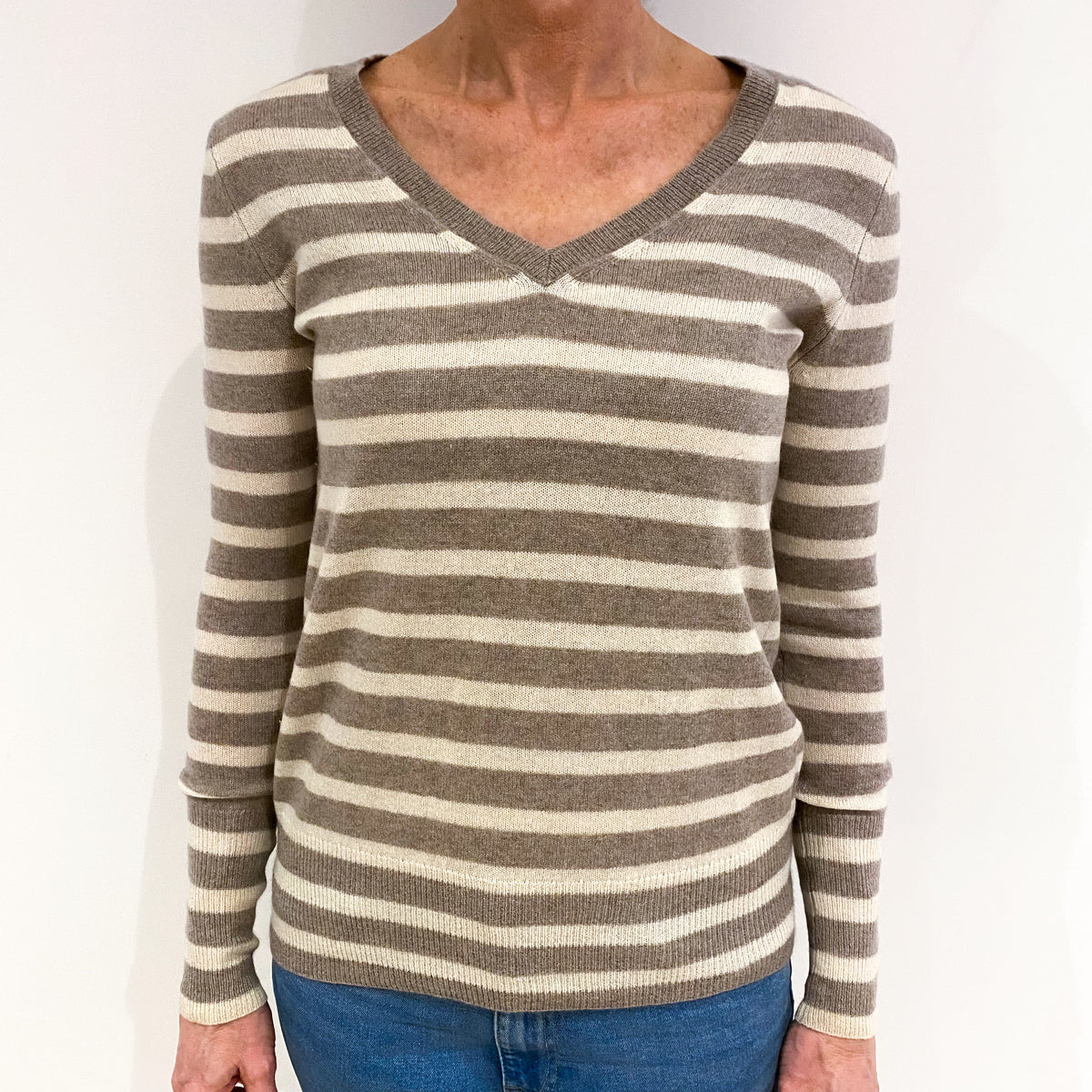 Fawn Cream Stripe Cashmere V Neck Jumper Small