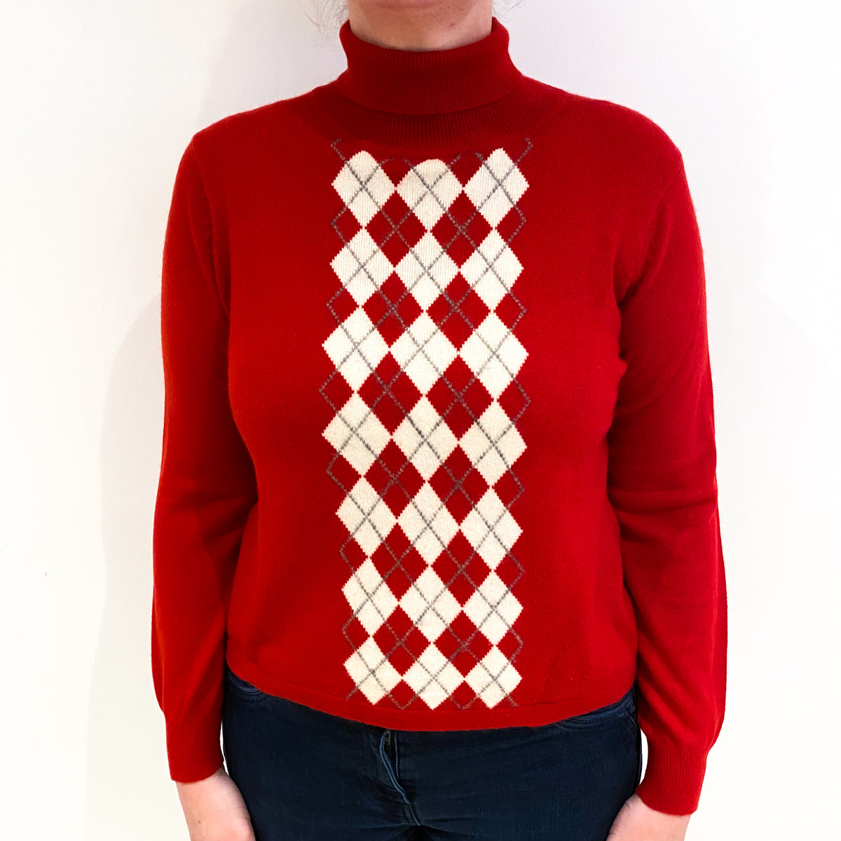 Red And Cream Diamond Cashmere Polo Neck Jumper Large