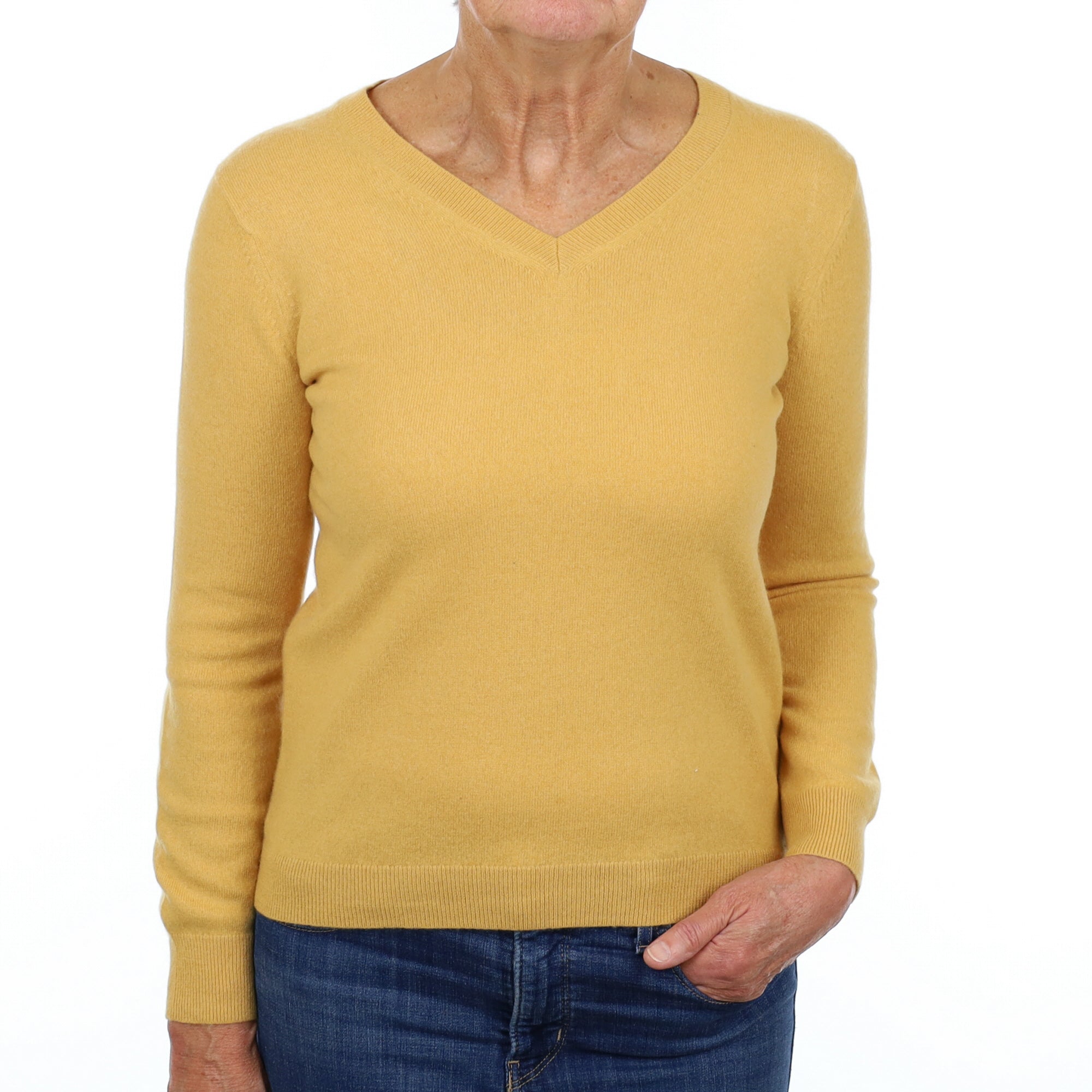 Flaxen Yellow Cashmere V Neck Jumper Medium
