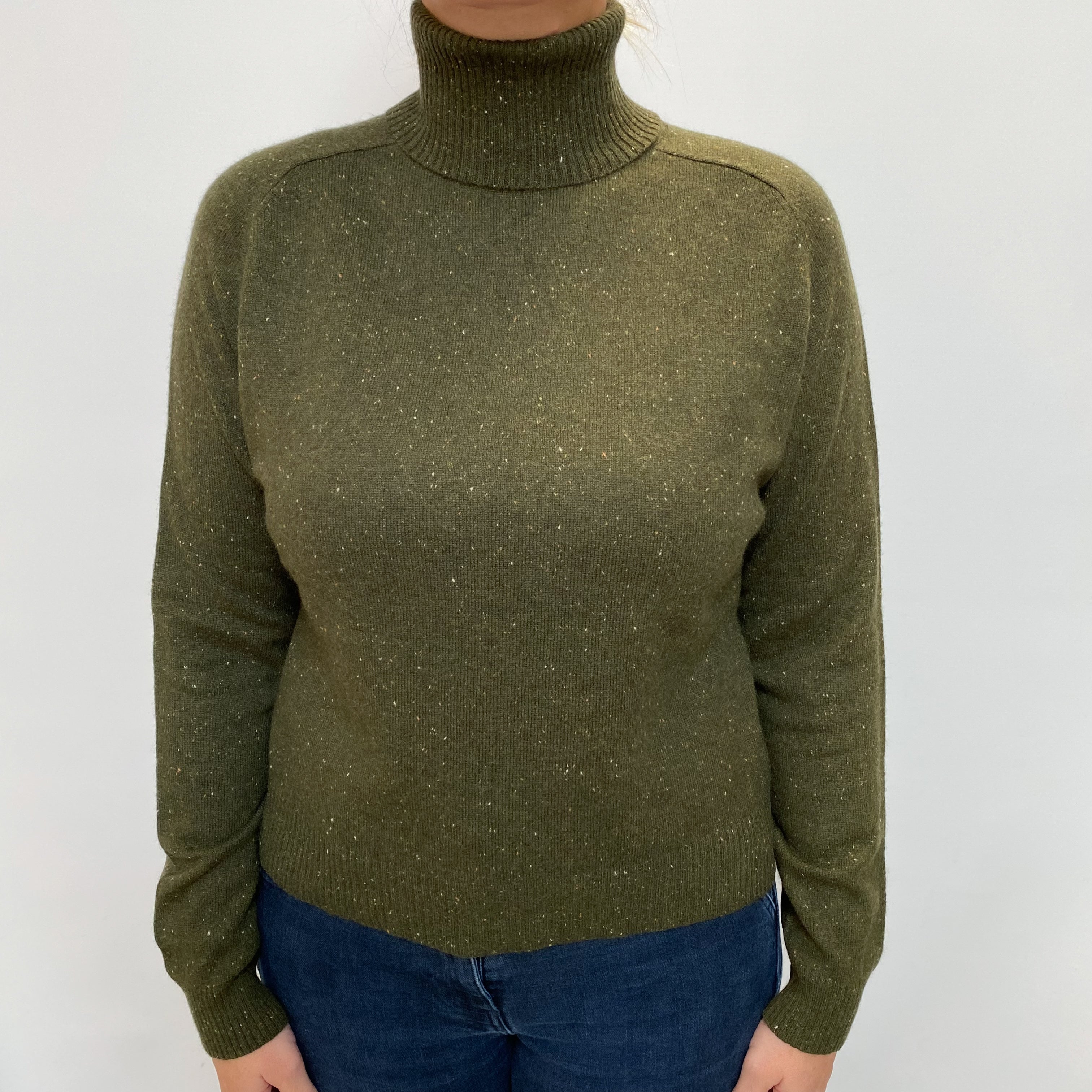 Seaweed Green Flecked Cashmere Polo Neck Jumper Large