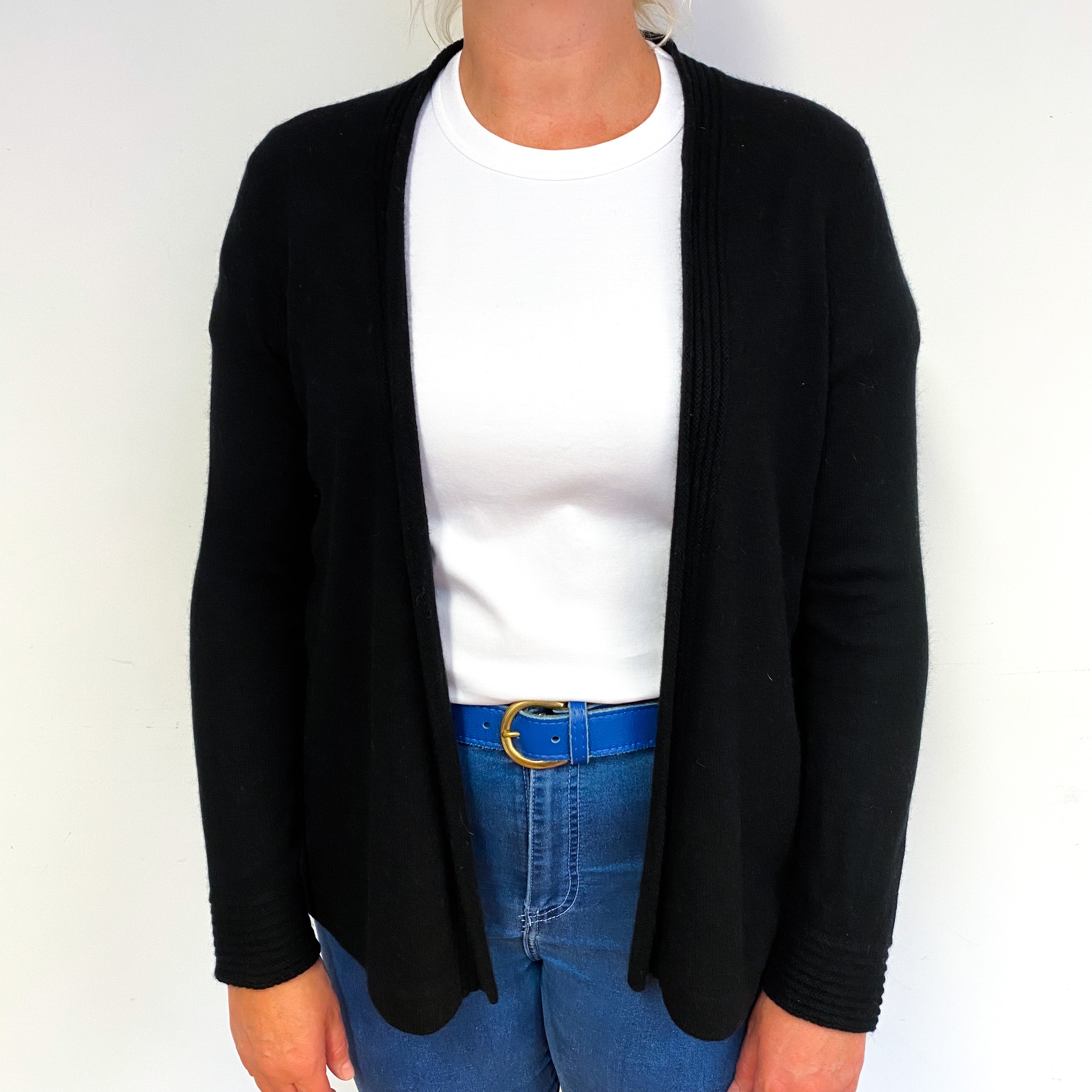 Black Rib Trim Cashmere Edge to Edge Cardigan Large