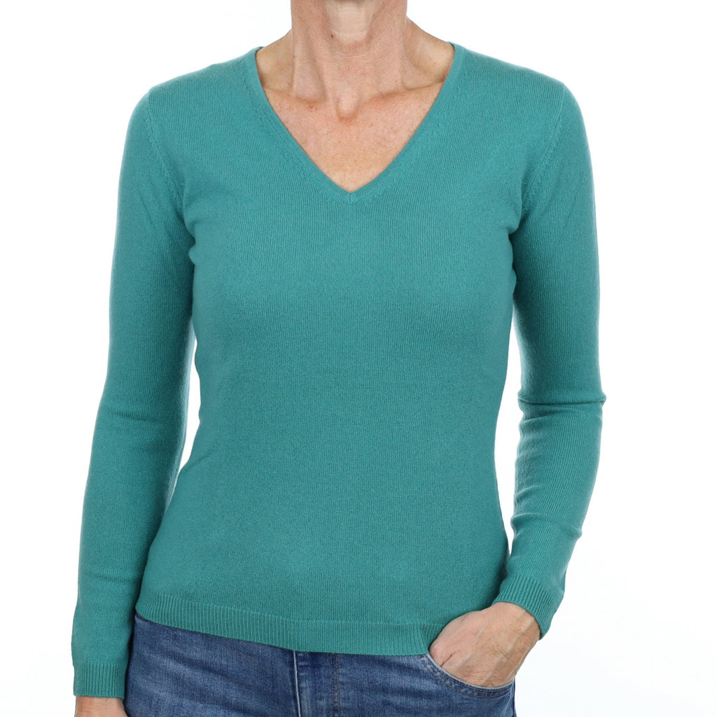 New Sea Green Cashmere V Neck Jumper Small