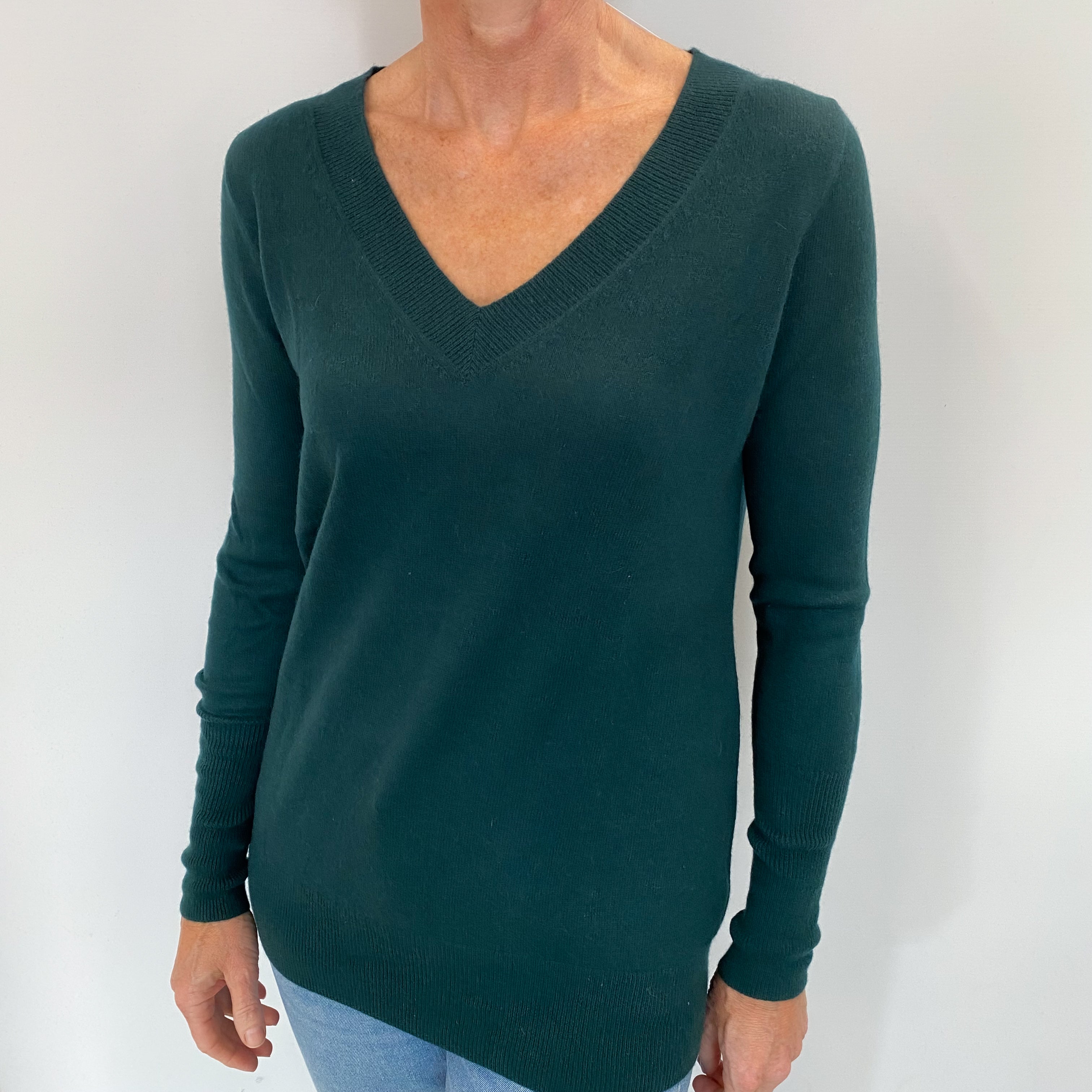 Forest Green Cashmere V Neck Jumper Small
