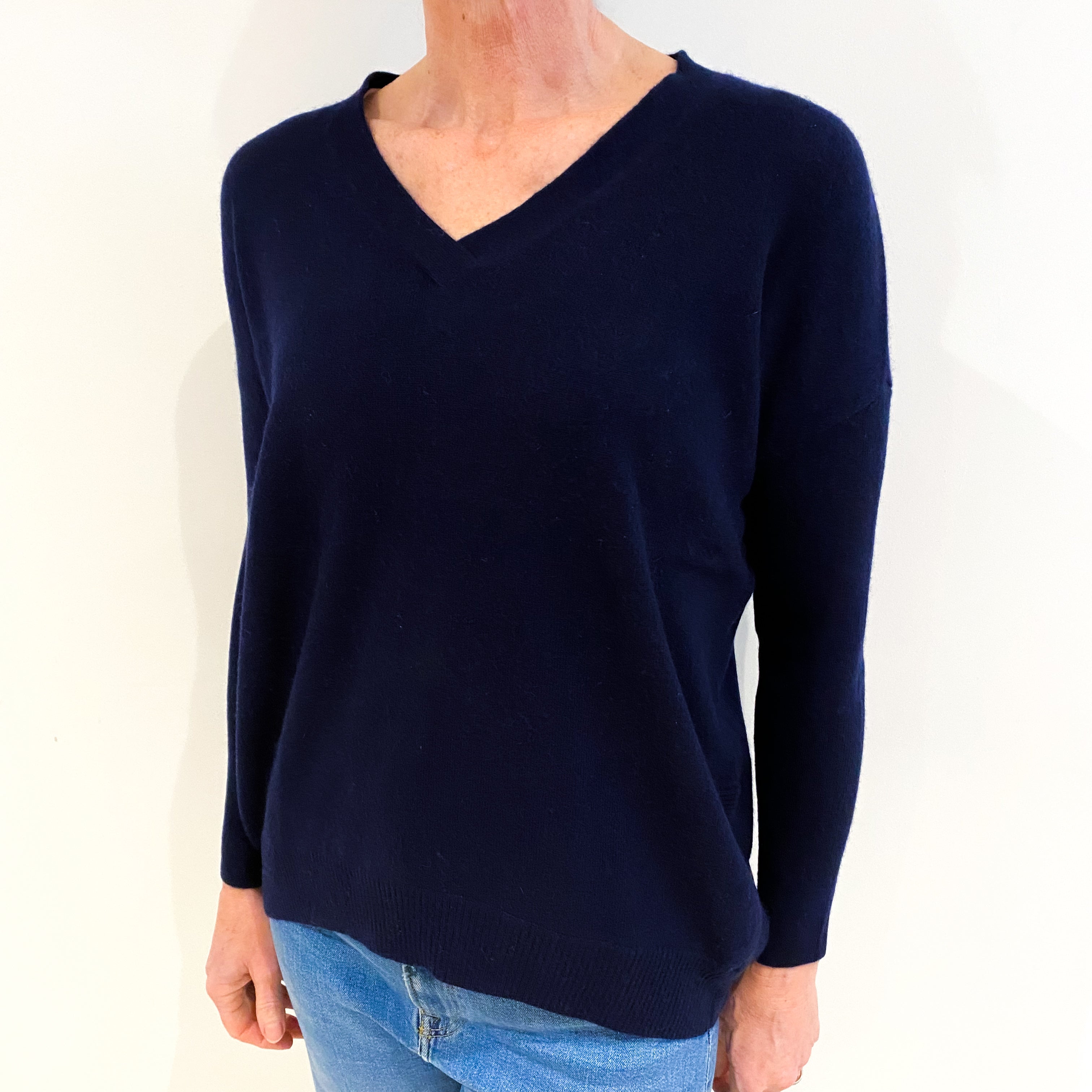 Cocoa Navy Blue Cashmere V Neck Jumper Small