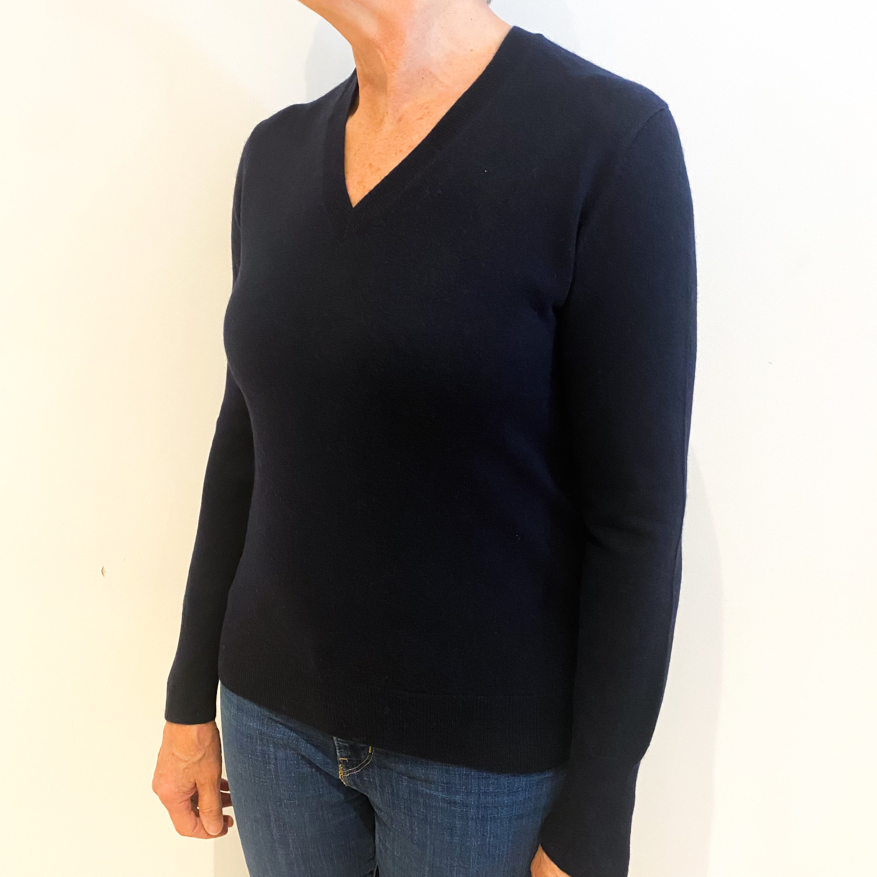 Navy Blue Cashmere V Neck Jumper Medium