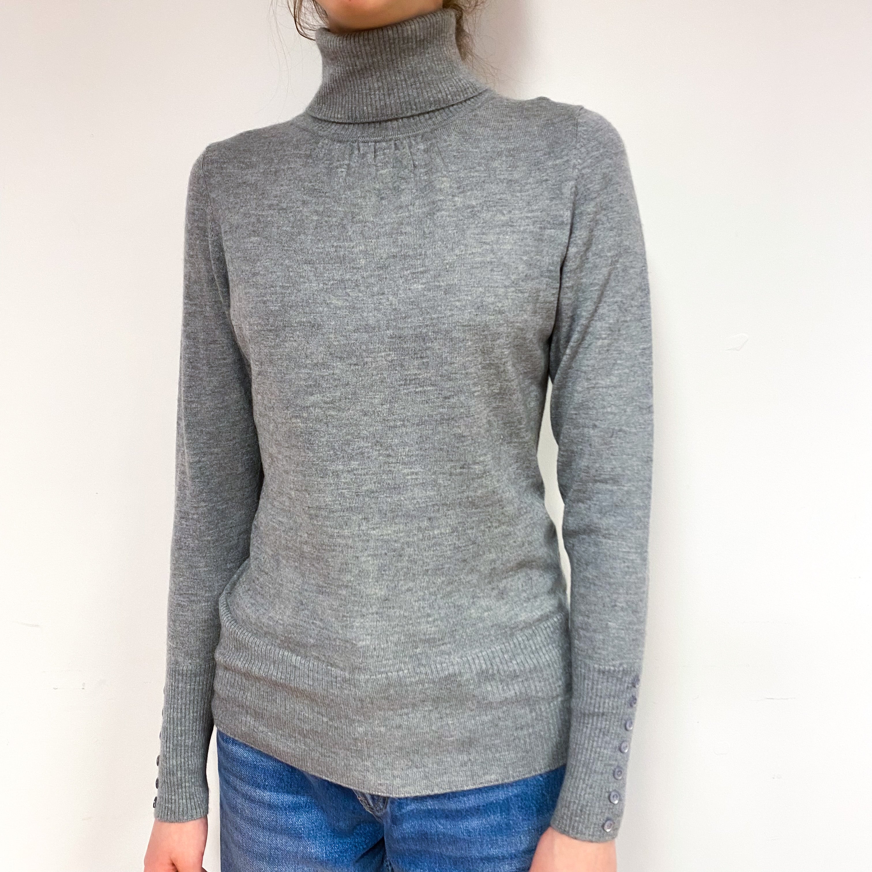 Steel Grey Fine Knit Cashmere Polo Neck Jumper Extra Small