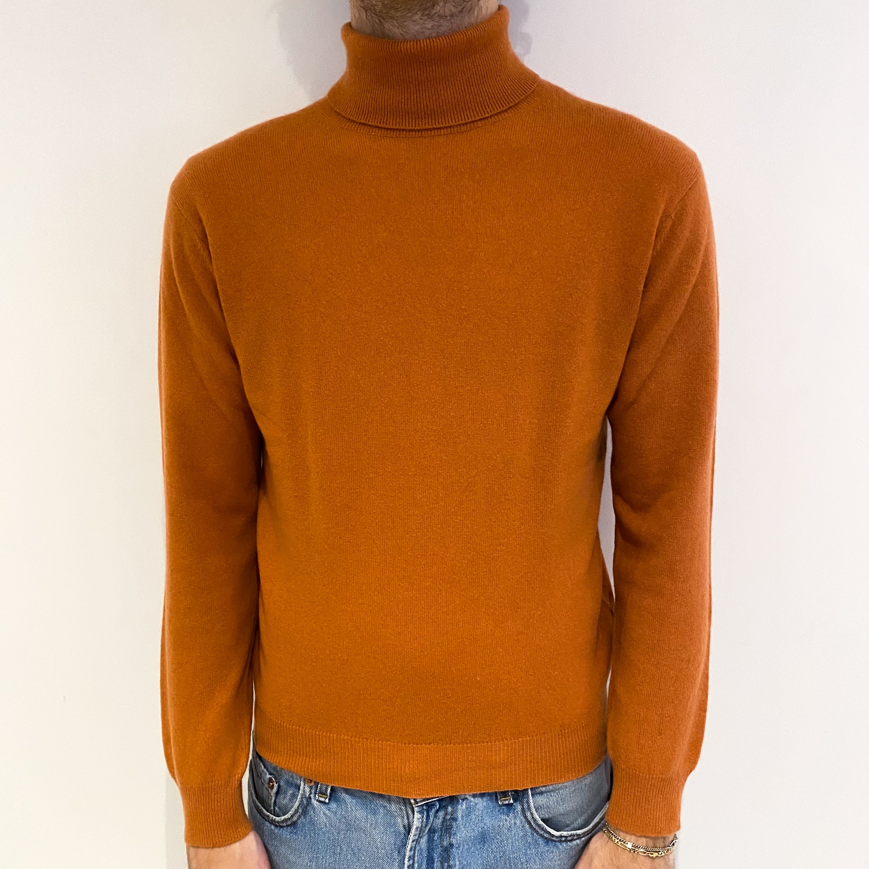 Men's Pumpkin Orange Cashmere Polo Neck Jumper Medium