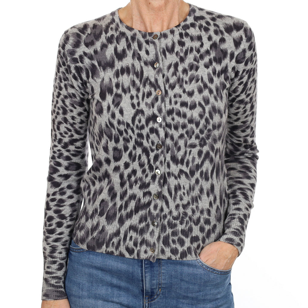 New Grey Animal Print Cashmere Crew Neck Cardigan Small