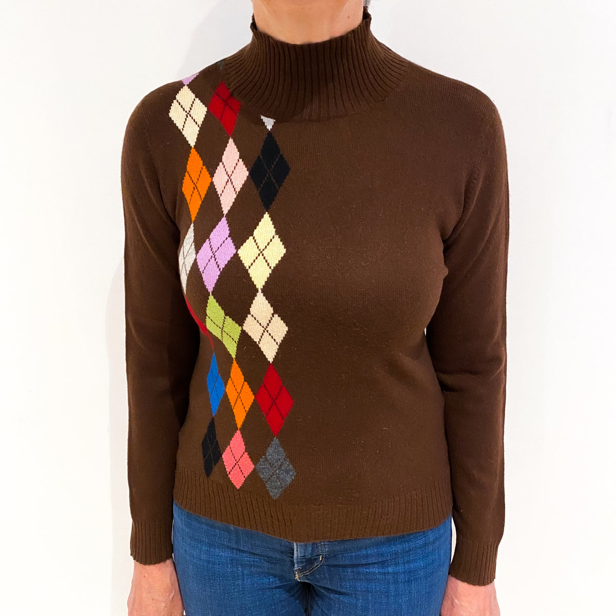 Chocolate Brown Diamond Pattern Cashmere Polo Neck Jumper Medium