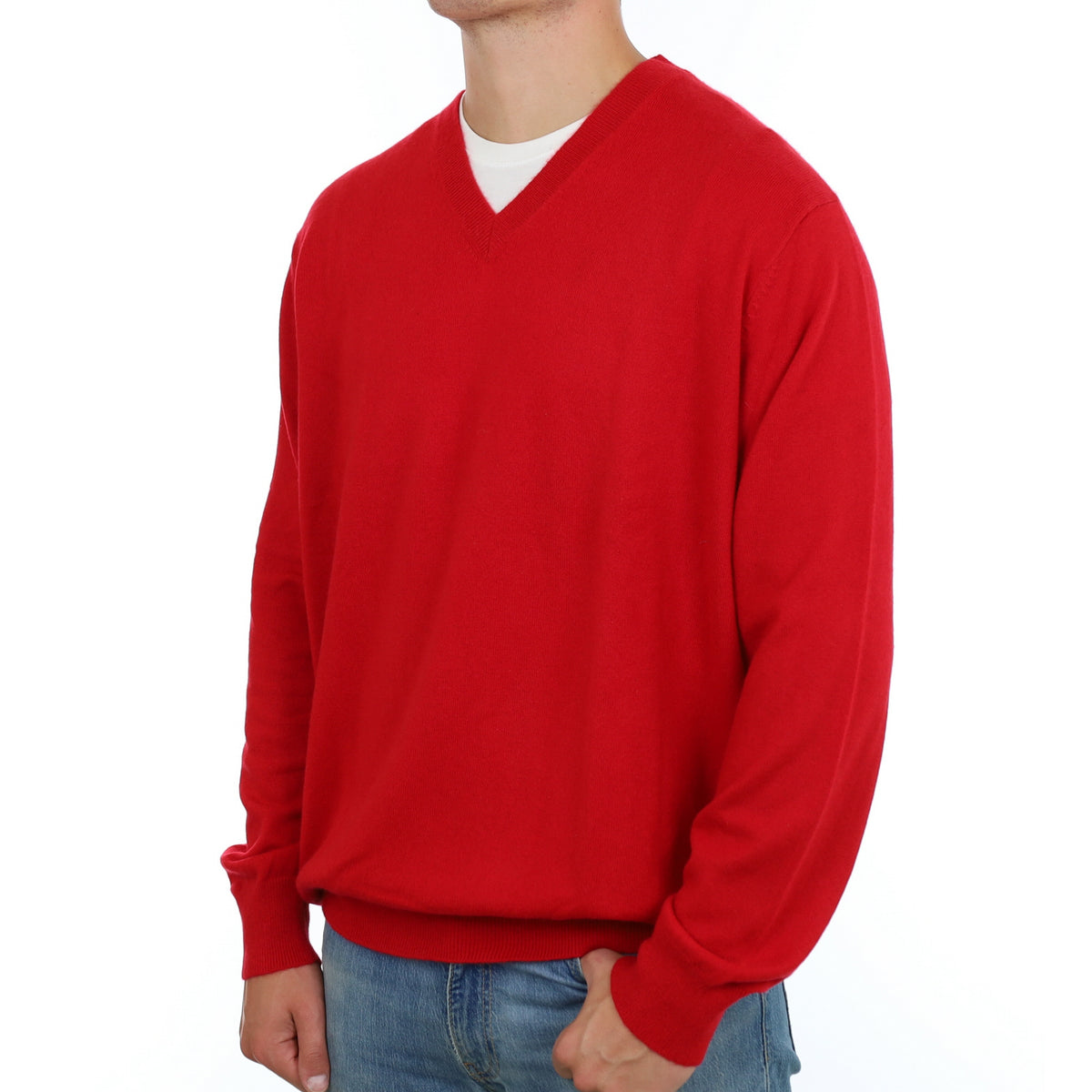 Men's Post Box Red Cashmere V Neck Jumper XXL