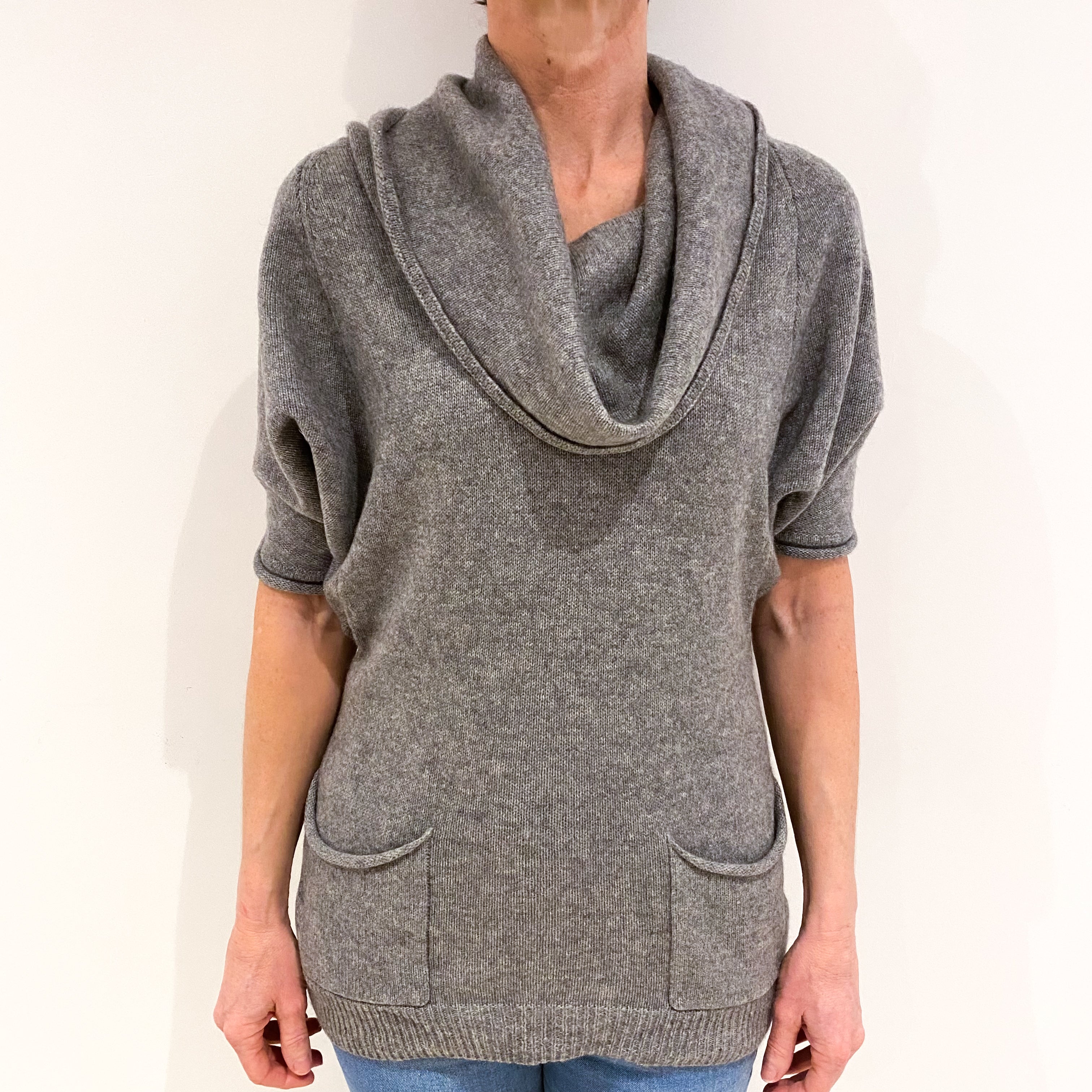 Ash Grey Cashmere Short Sleeve Cowl Neck Jumper Small