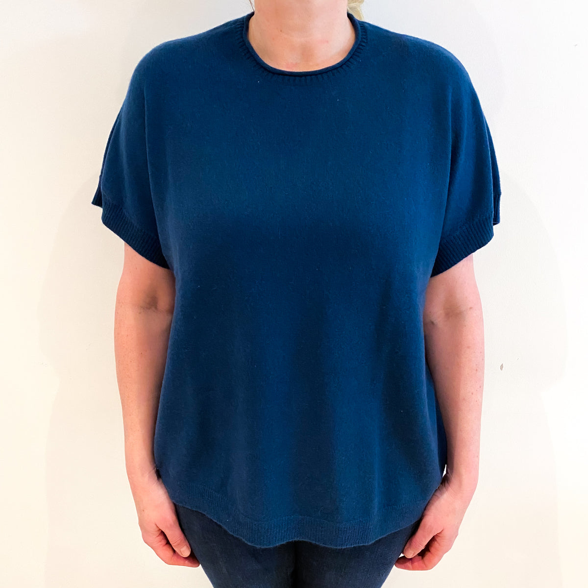 Naval Blue Cashmere Crew Neck Short Sleeved Jumper Large