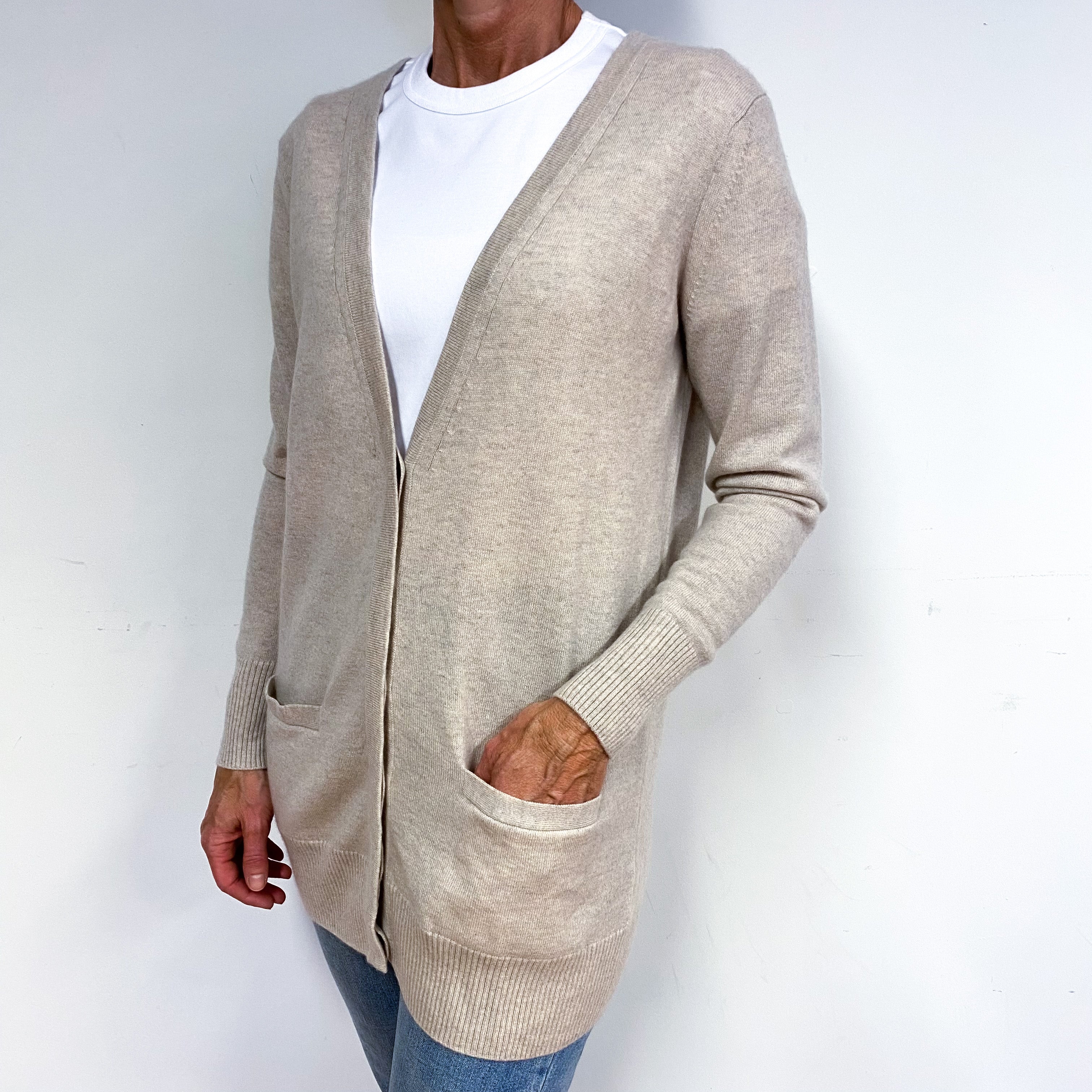 Oatmeal Beige Cashmere V-Neck Button Up Cardigan Medium