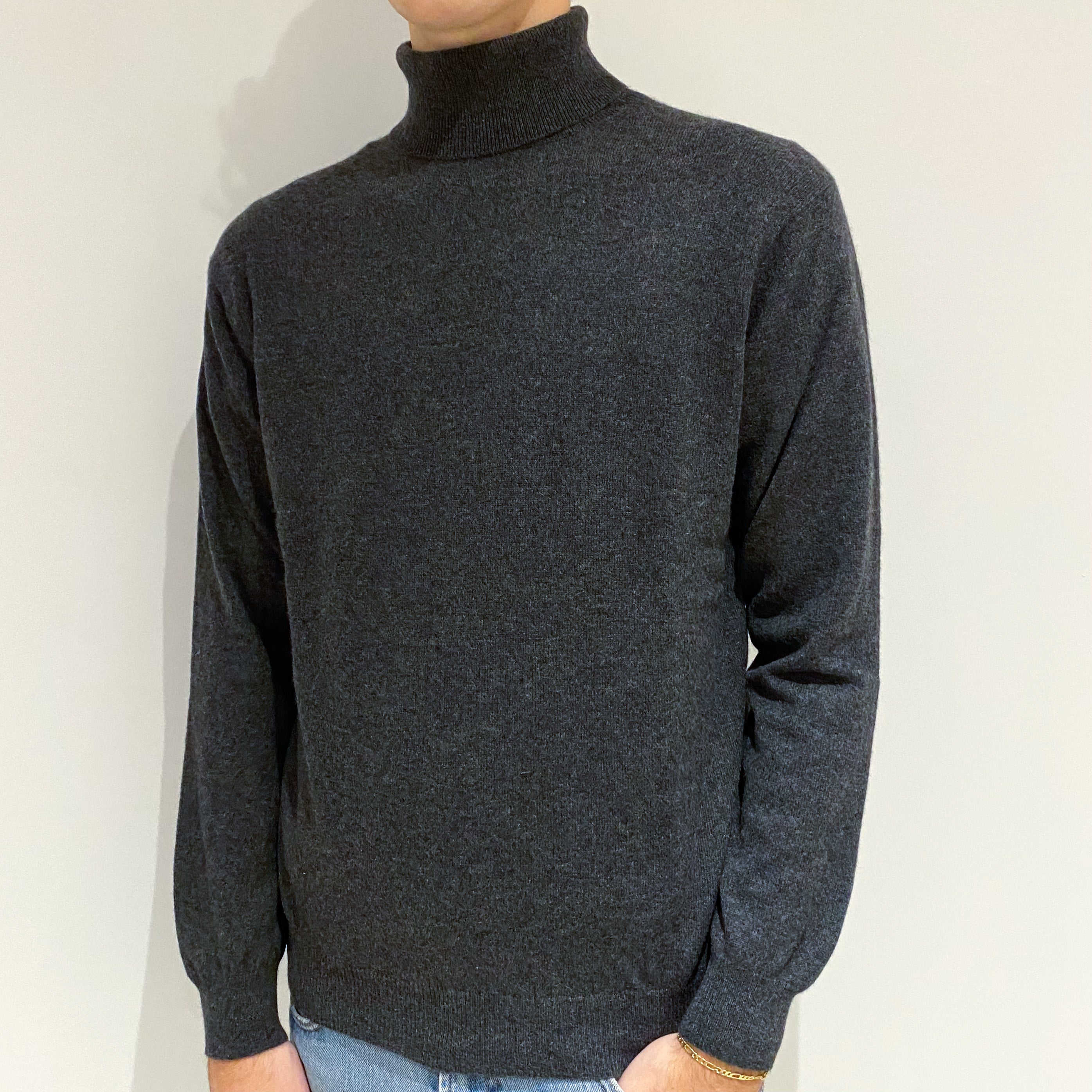 Men's Dark Slate Grey Cashmere Polo Neck Jumper Large