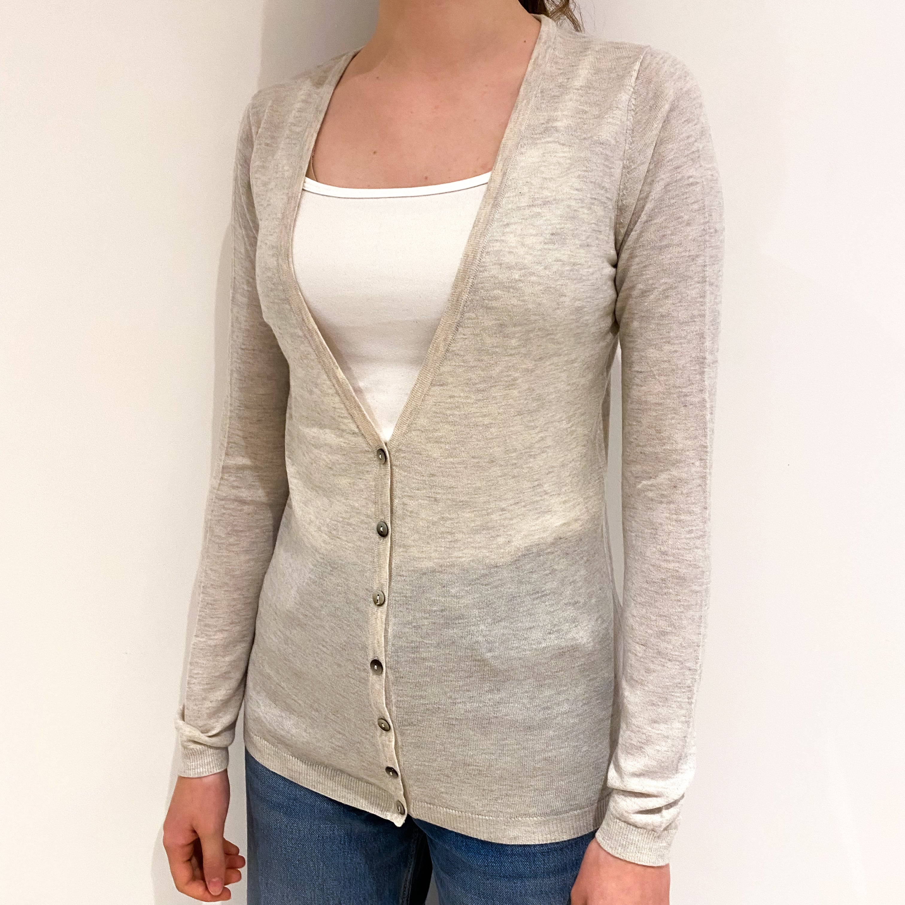 Pale Grey Fine Knit Cashmere V-Neck Cardigan Extra Small