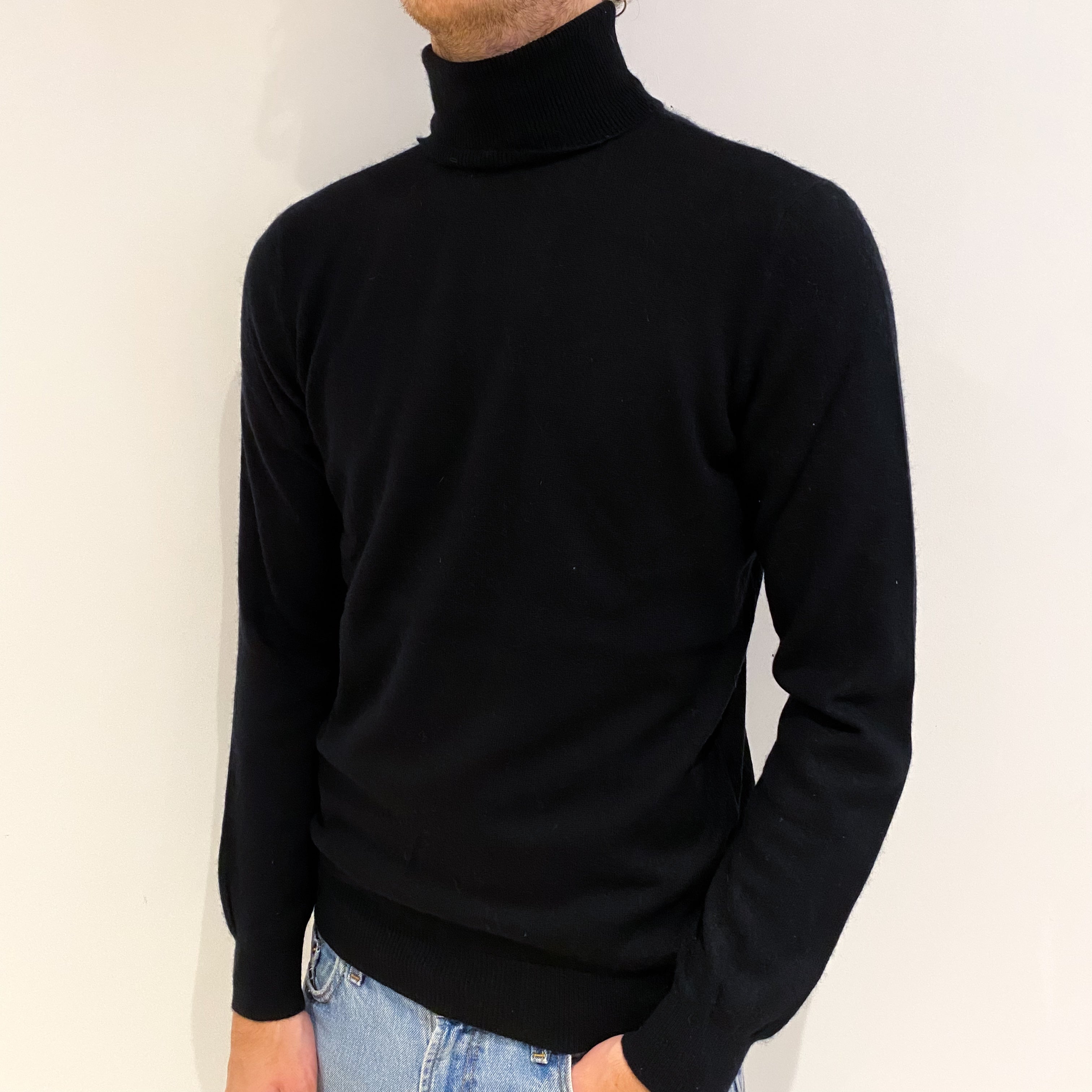 Men's Black Cashmere Polo Neck Jumper Medium