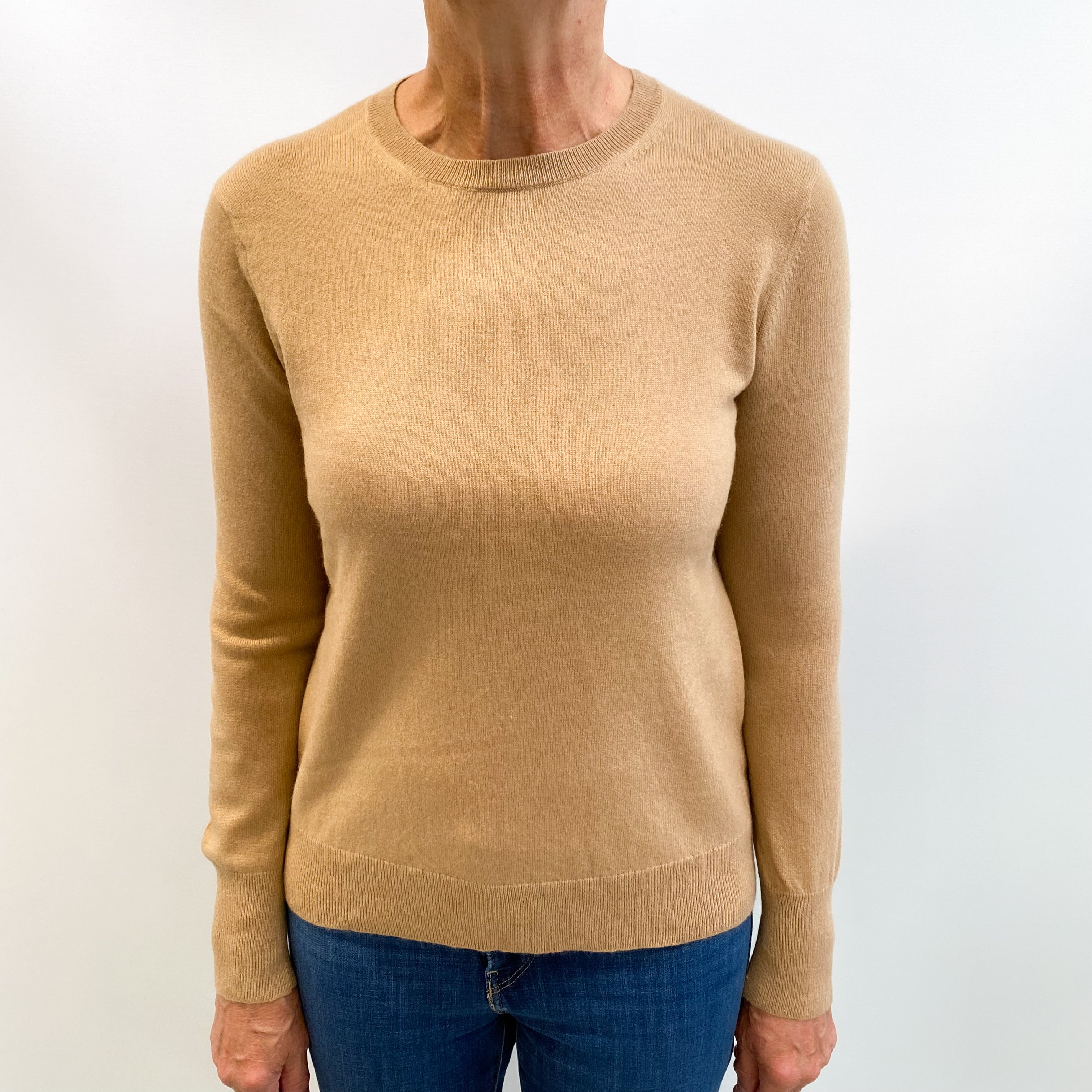 Camel Brown Cashmere Crew Neck Jumper Medium
