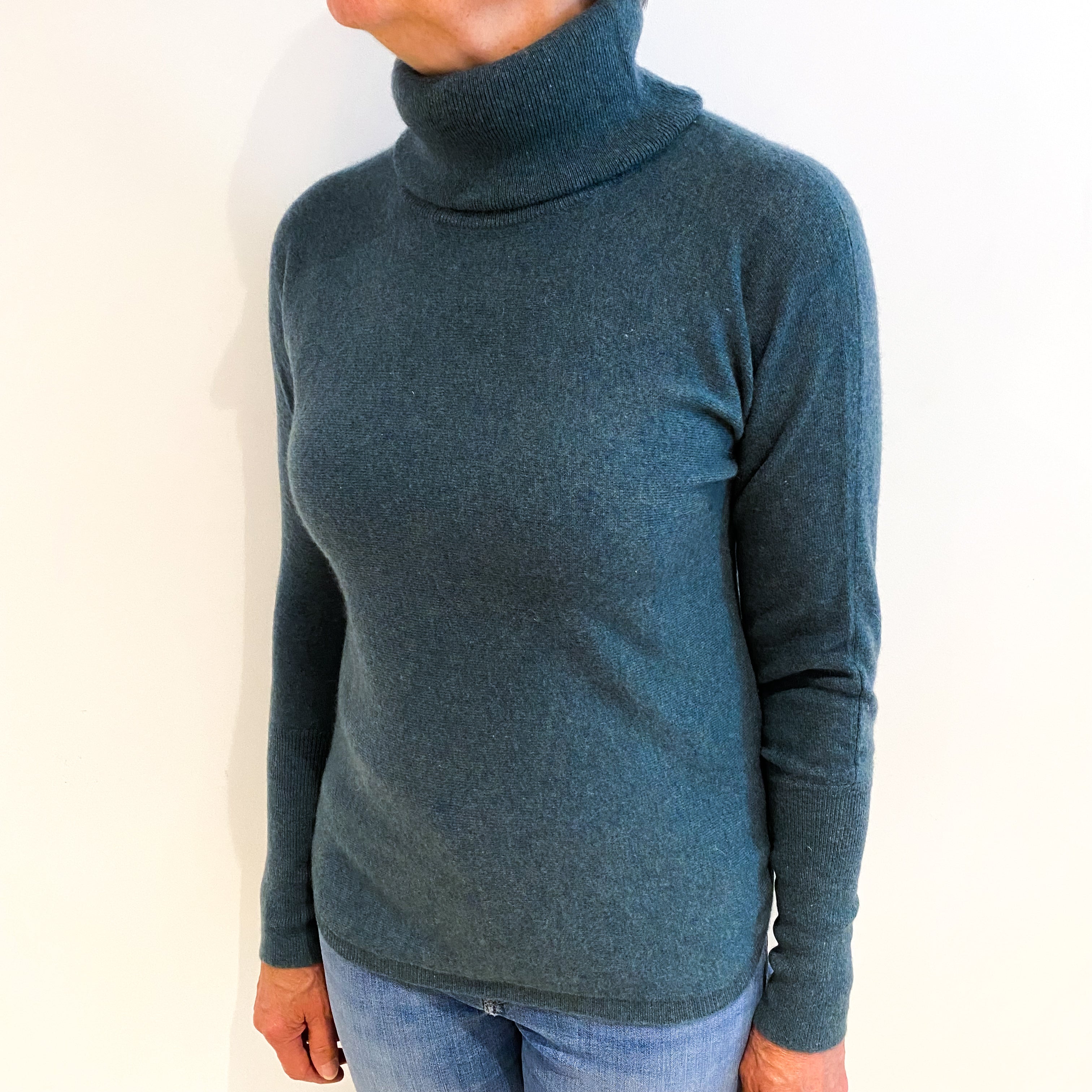 Deep Sea Green Cashmere Polo Neck Jumper Medium