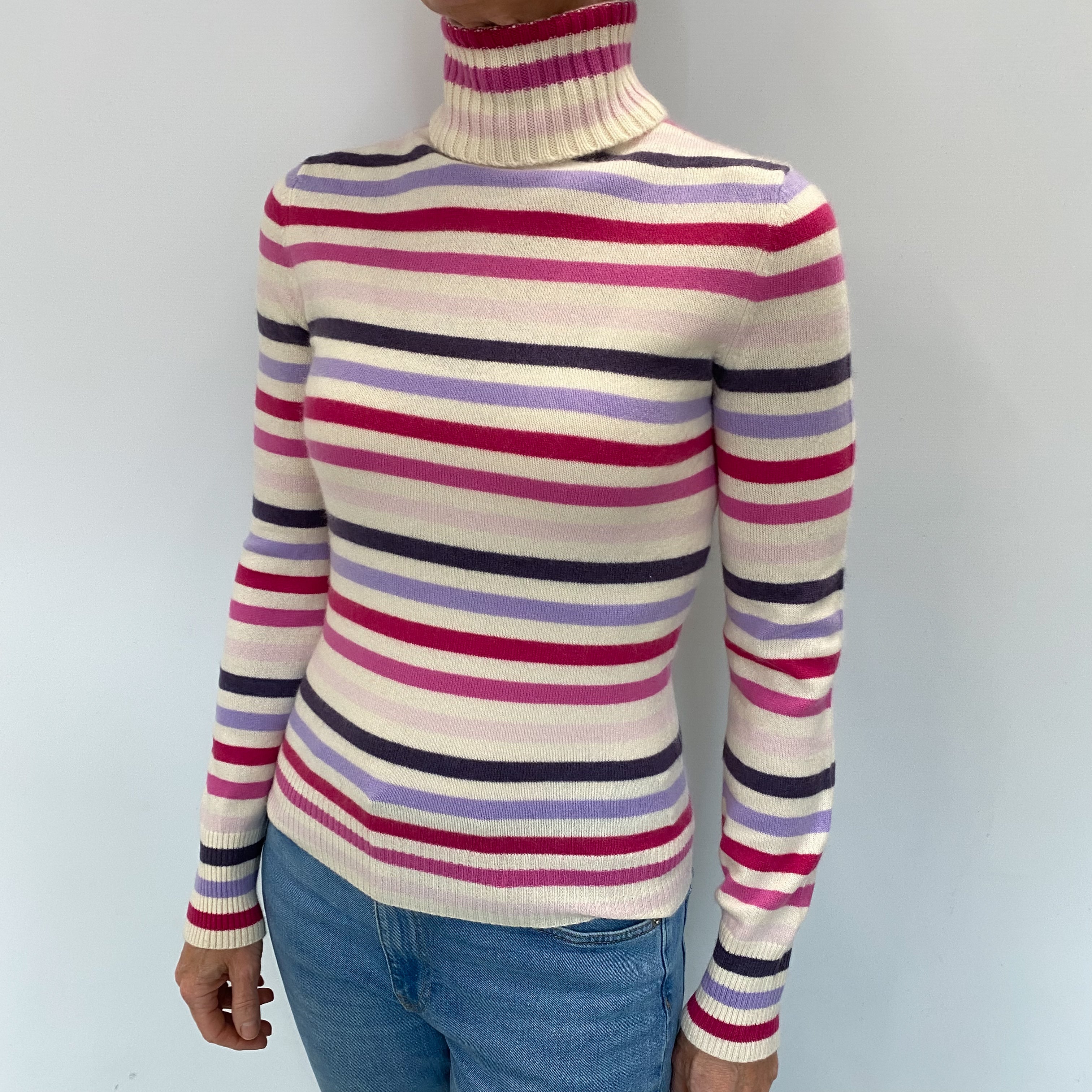 Cream Striped Cashmere Polo Neck Jumper Small