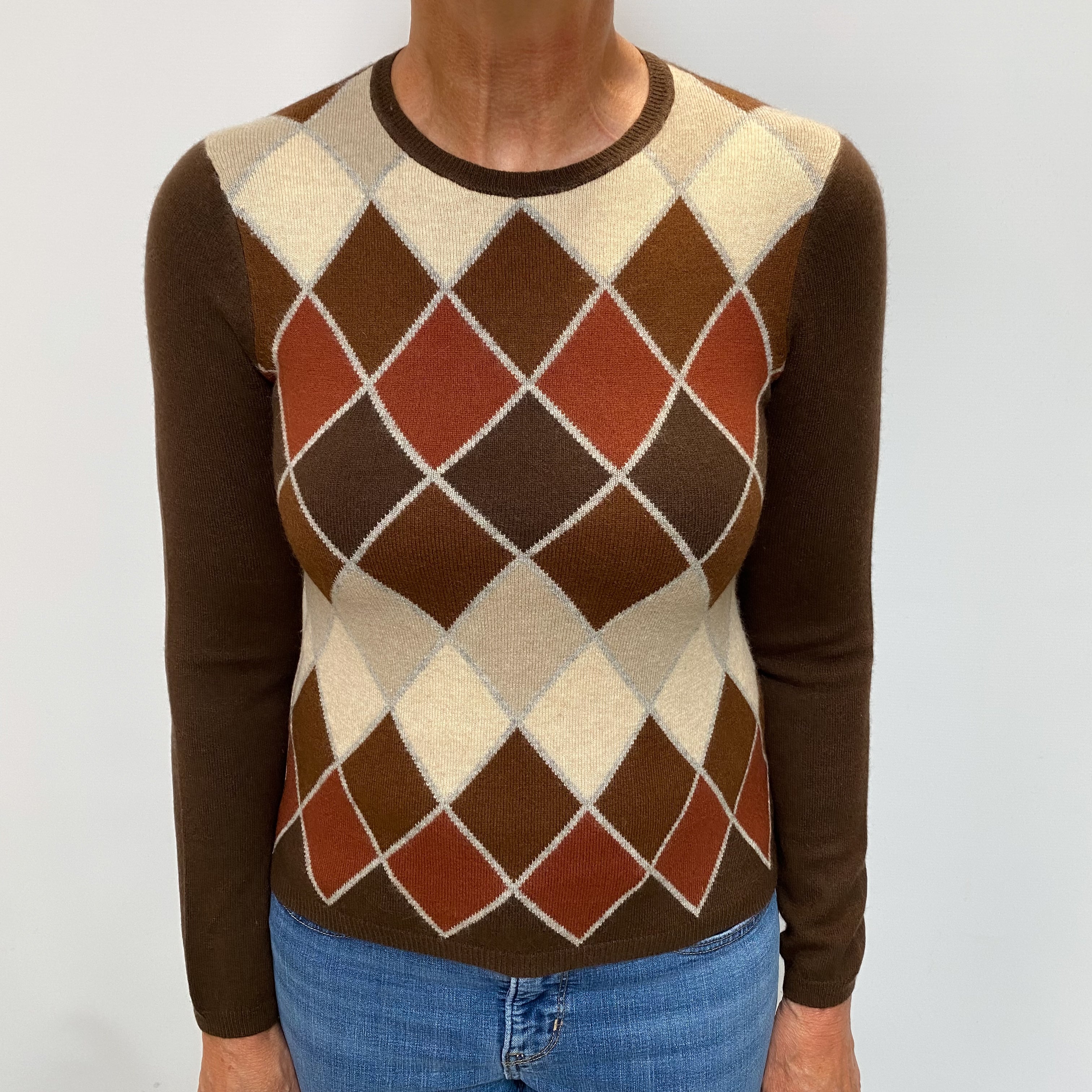Chocolate Brown Patterned Cashmere Crew Neck Jumper Medium