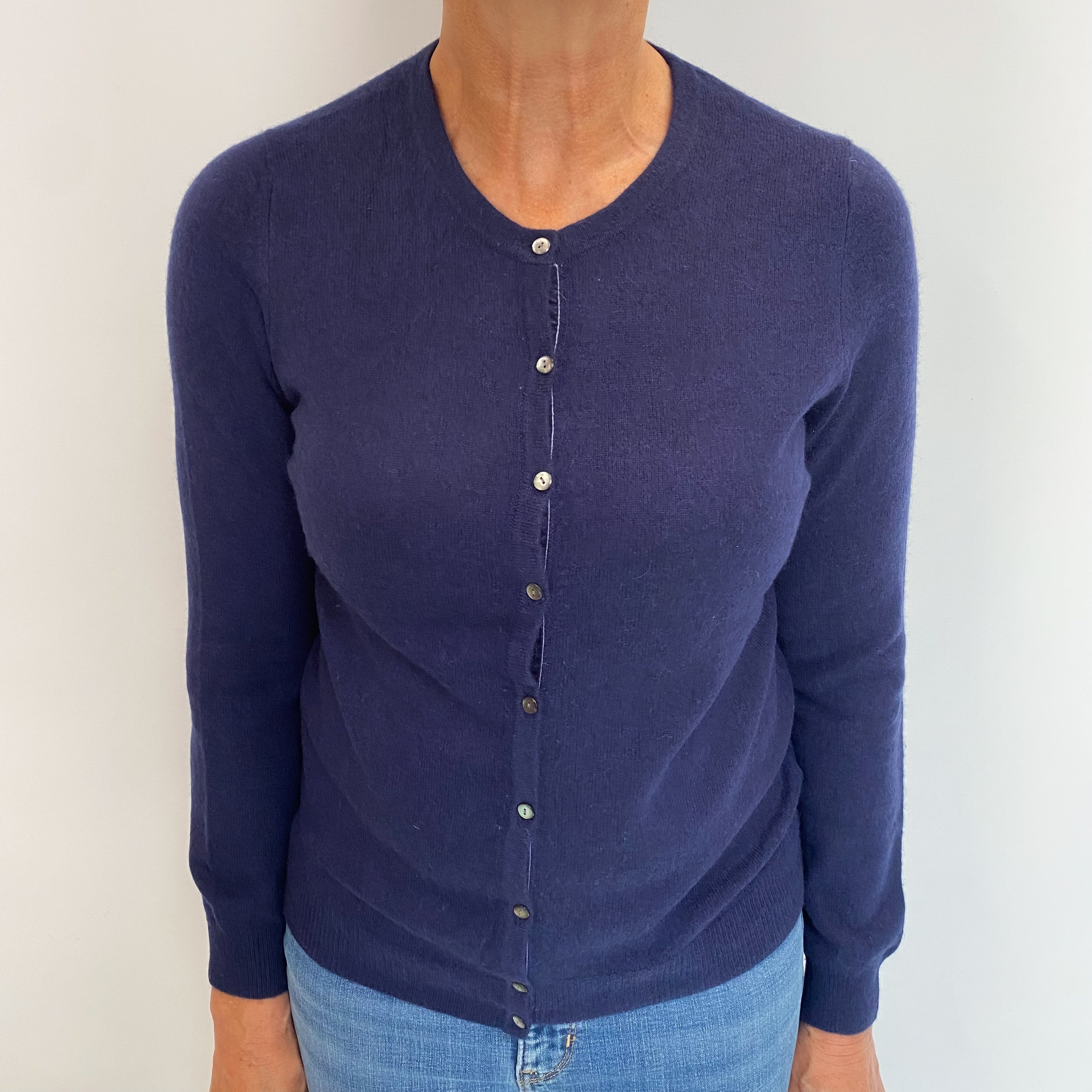 Navy Blue Cashmere Crew Neck Cardigan Medium