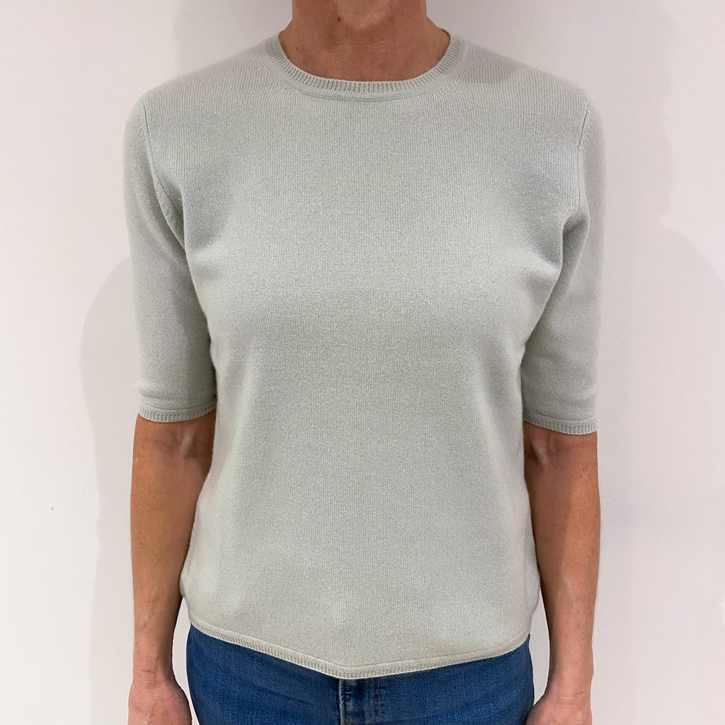 Palest Dusty Green Cashmere Short Sleeved Crew Neck Jumper Small