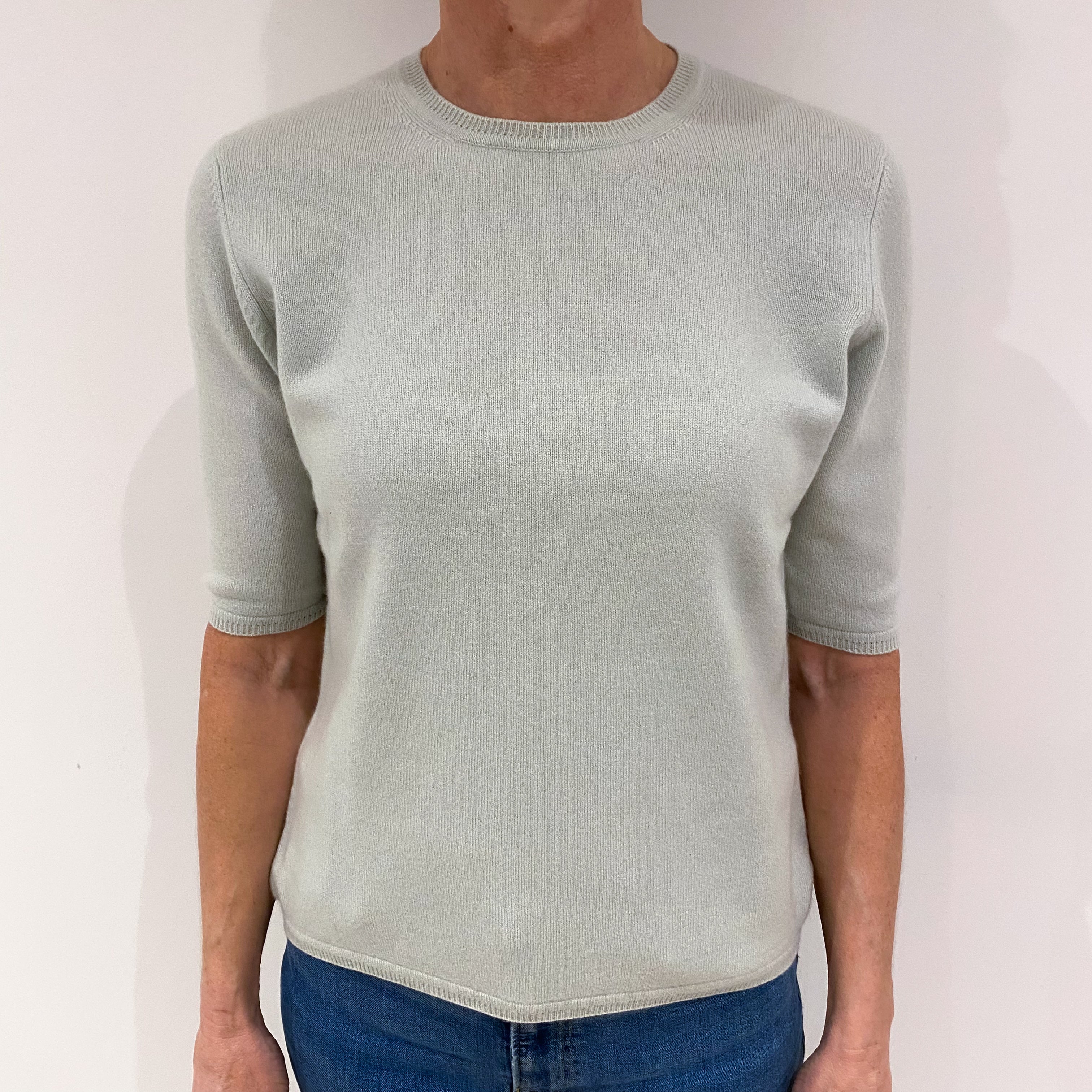 Palest Dusty Green Cashmere Short Sleeved Crew Neck Jumper Small