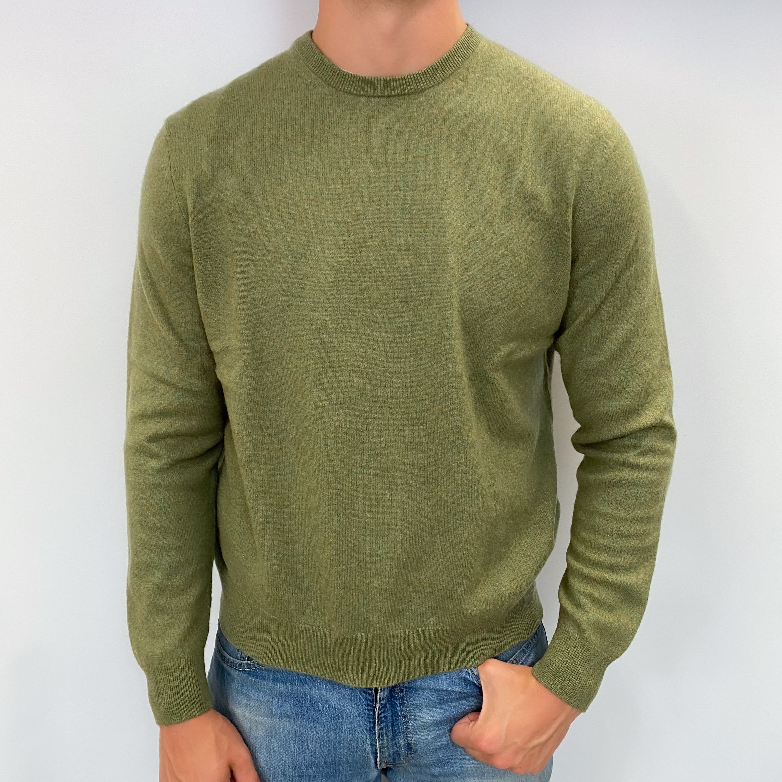 Men's Moss Green Marl Cashmere Crew Neck Jumper XL
