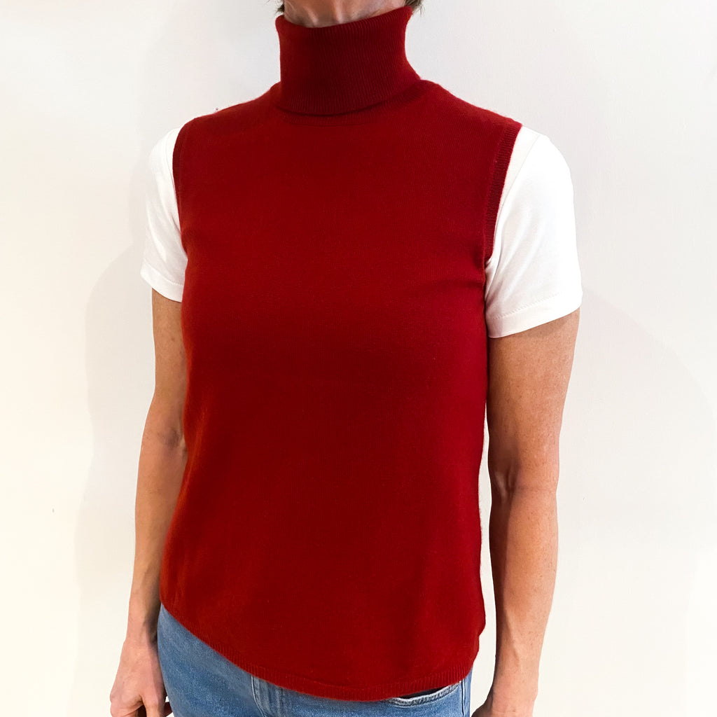 Post Box Red Cashmere Sleeveless Polo Neck Jumper Small