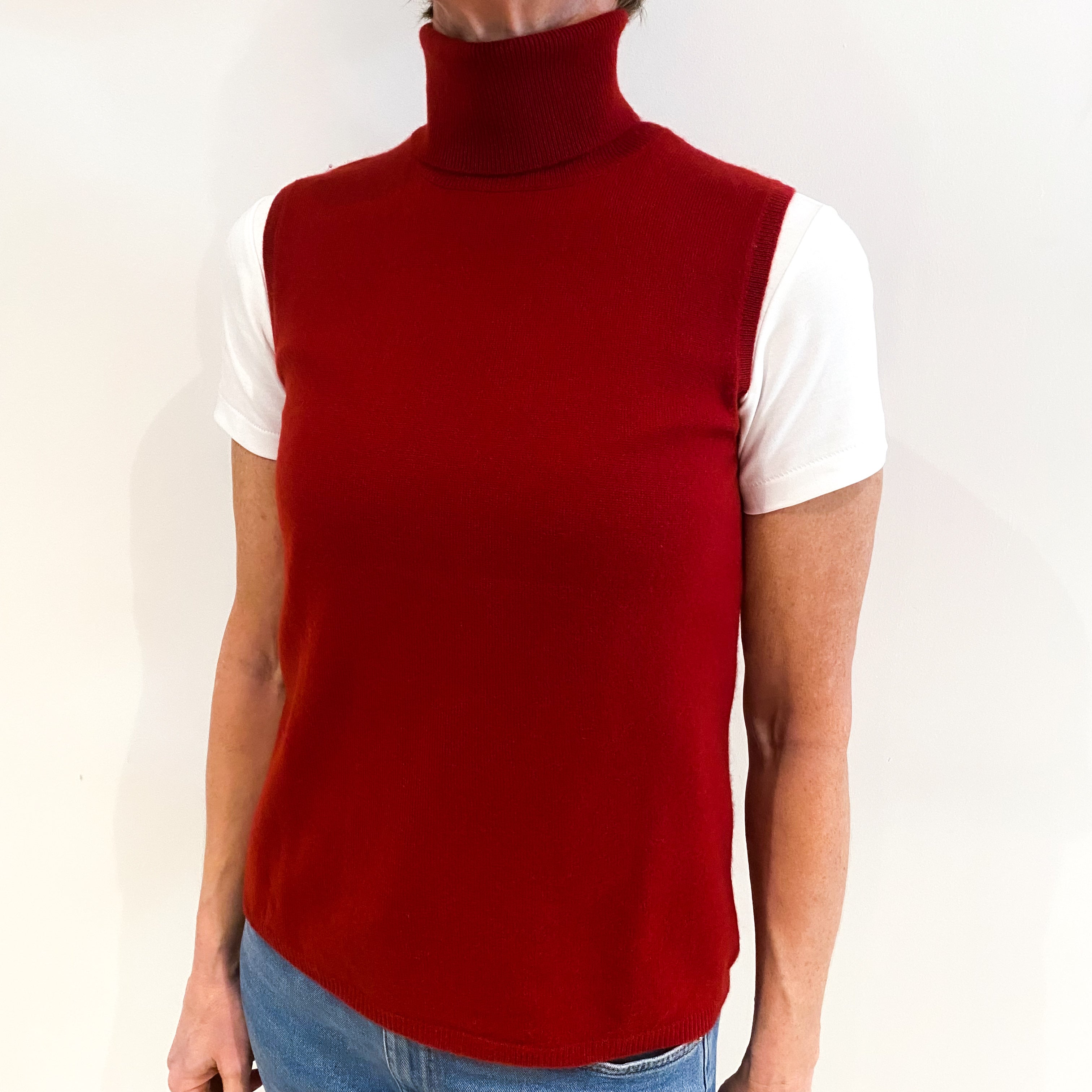 Post Box Red Cashmere Sleeveless Polo Neck Jumper Small