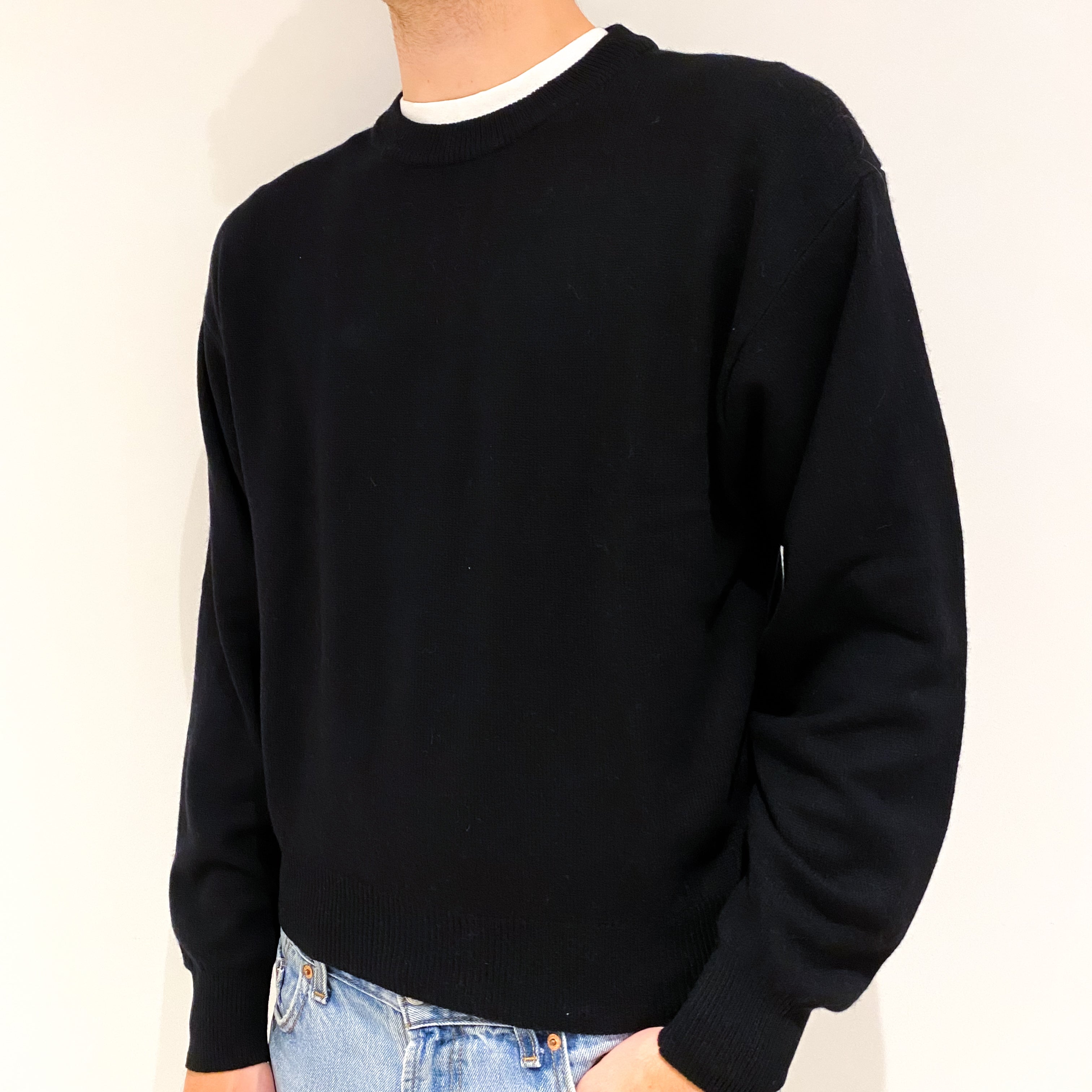 Men's Black Cashmere Crew Neck Jumper Medium