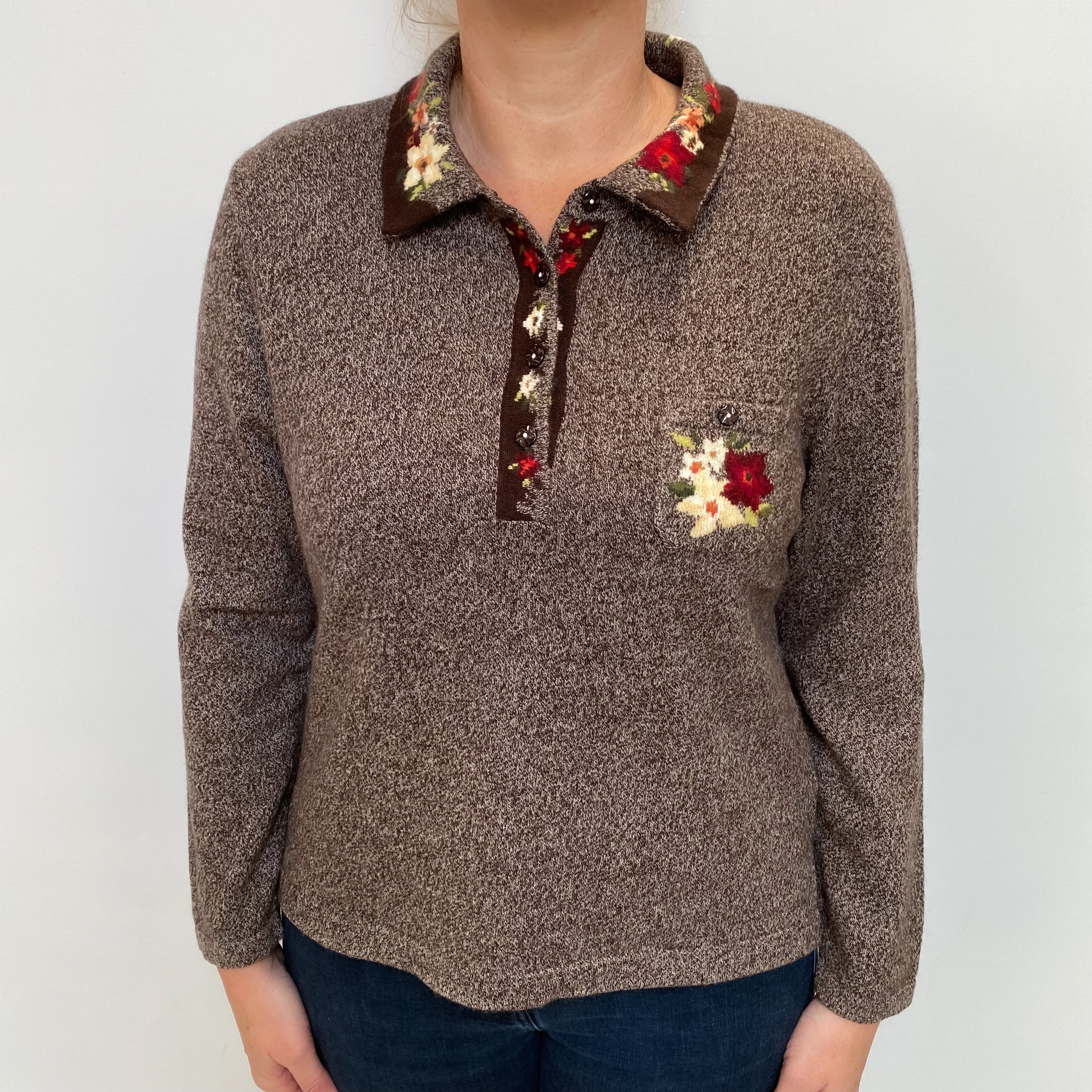 Brown Marl Cashmere Collared 1/4 Button Jumper Large