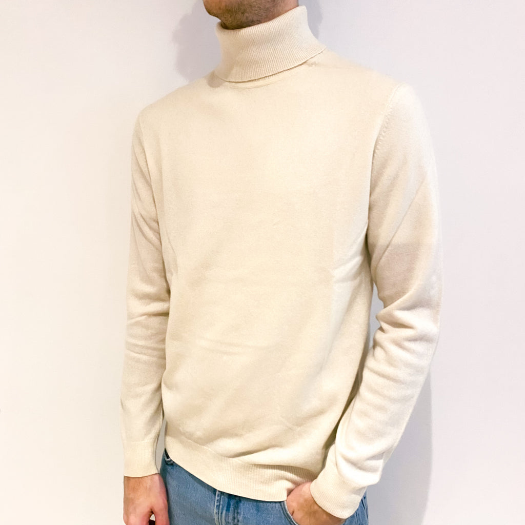 Men's Vanilla Cream Cashmere Polo Neck Jumper Large