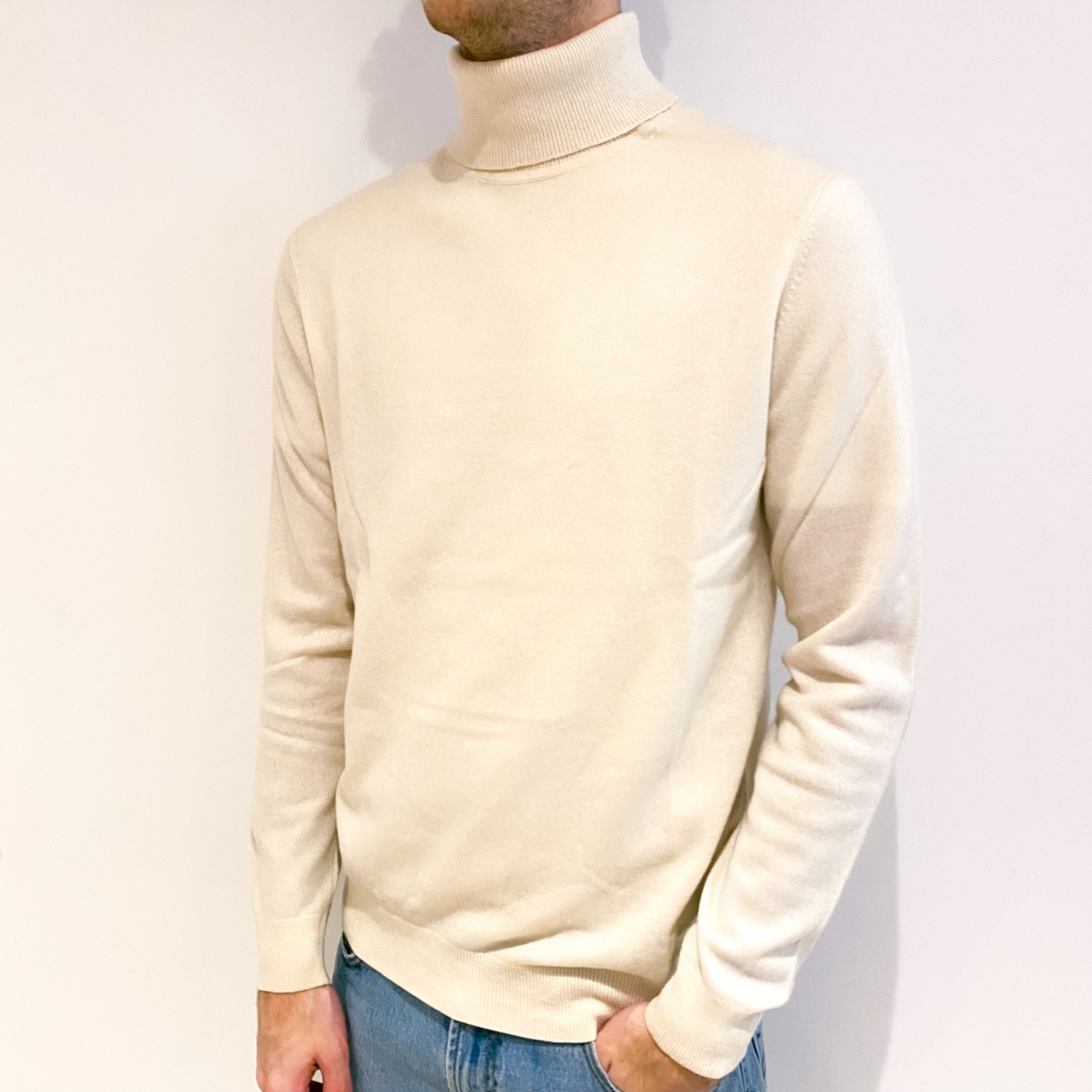 Men's Vanilla Cream Cashmere Polo Neck Jumper Large