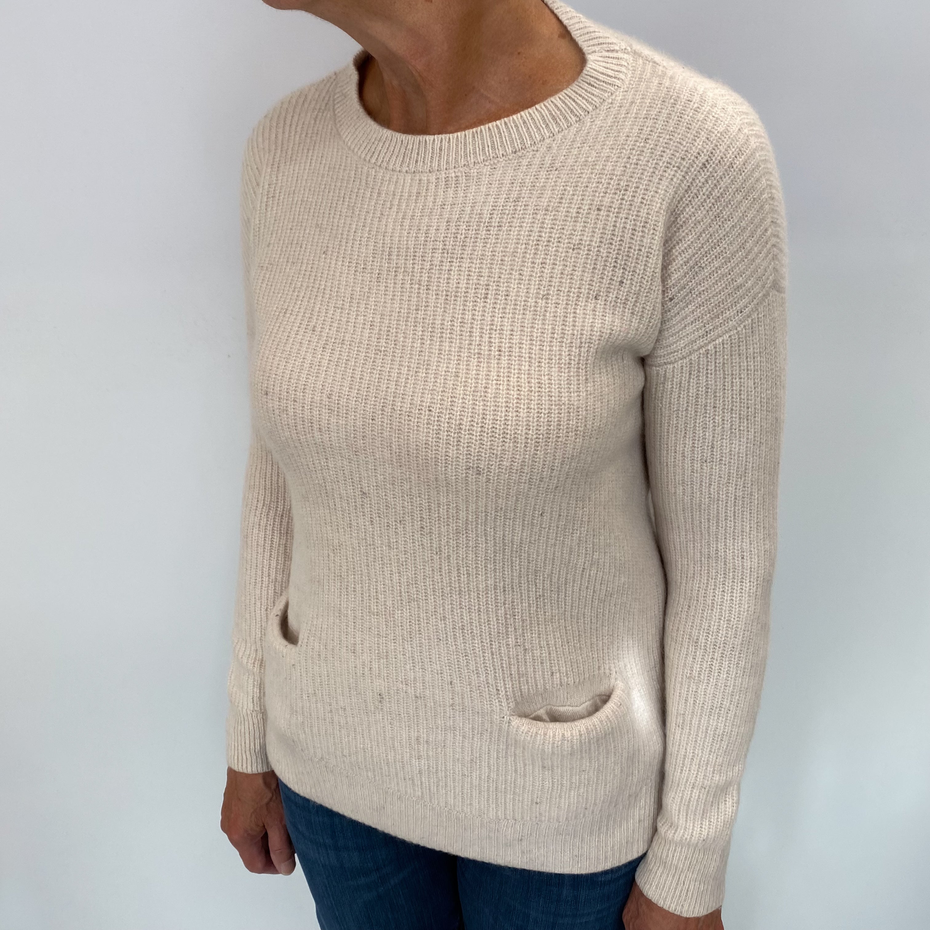 Oatmeal Beige Cashmere Crew Neck Longline Jumper Medium