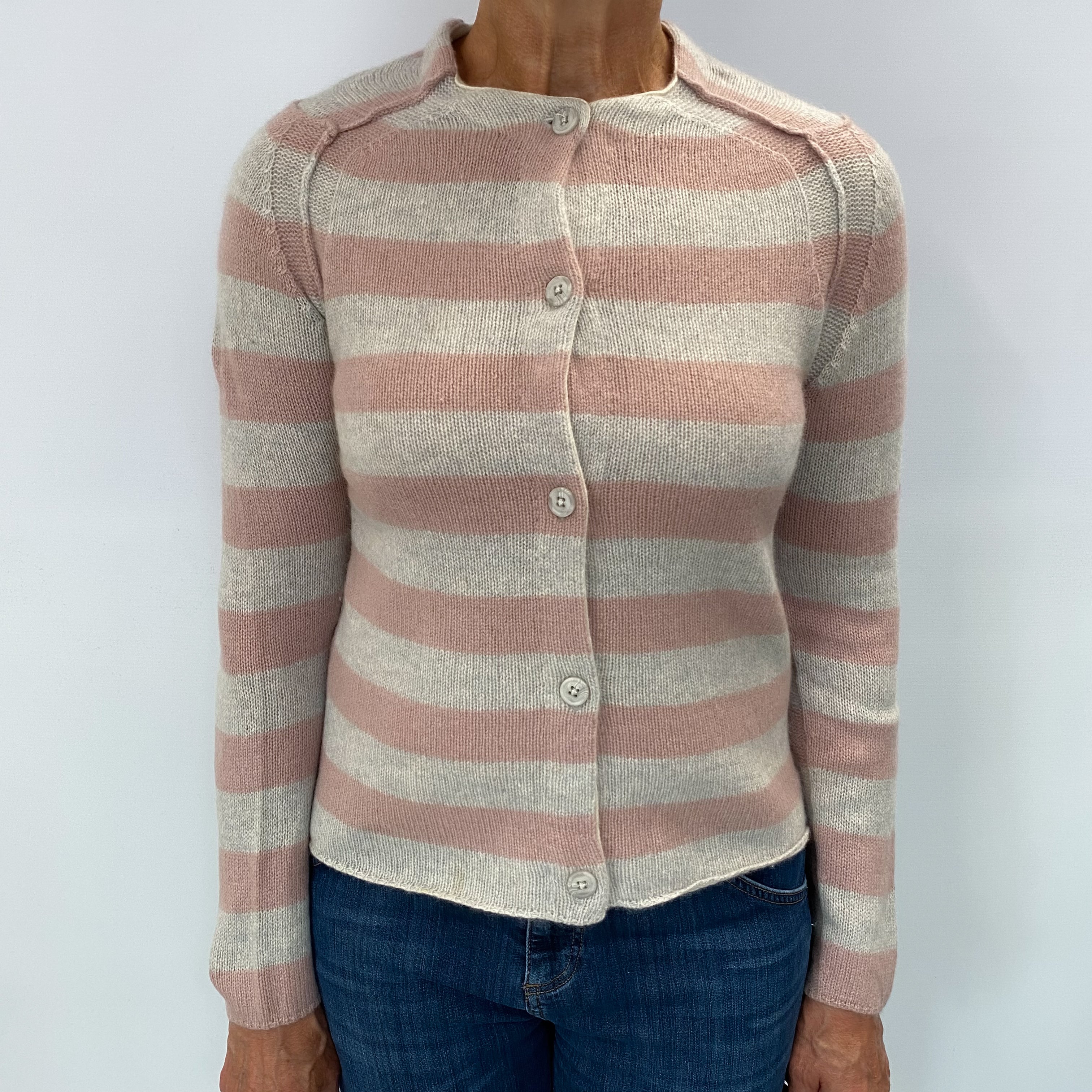 Grey and Pink Stripe Cashmere Cardigan Medium