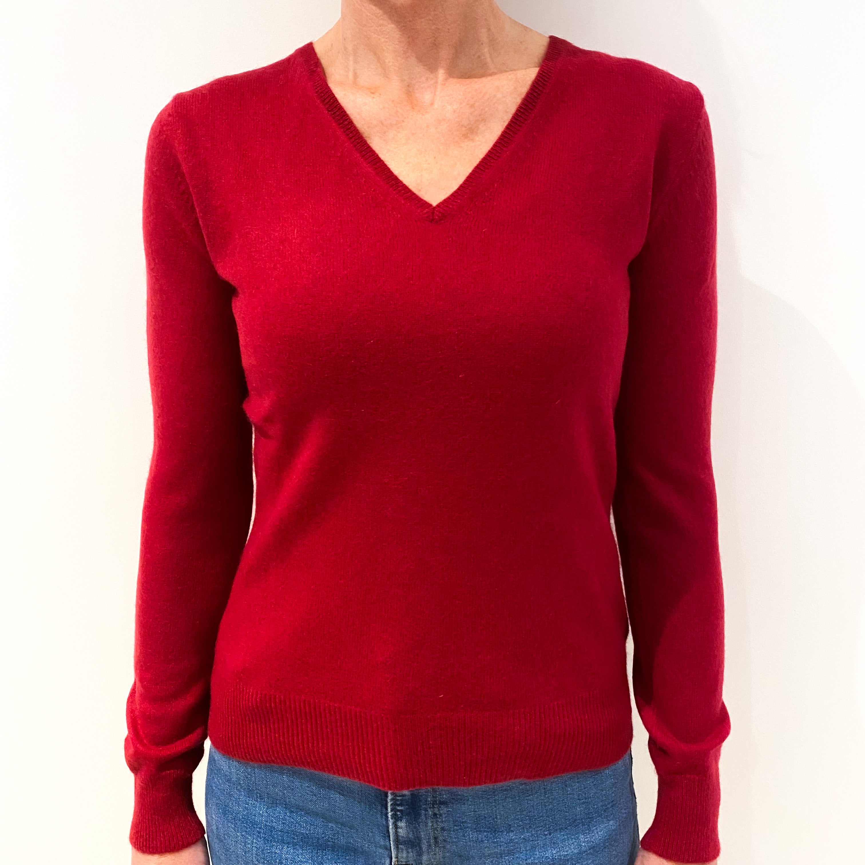 Crimson Red Cashmere V-Neck Jumper Small