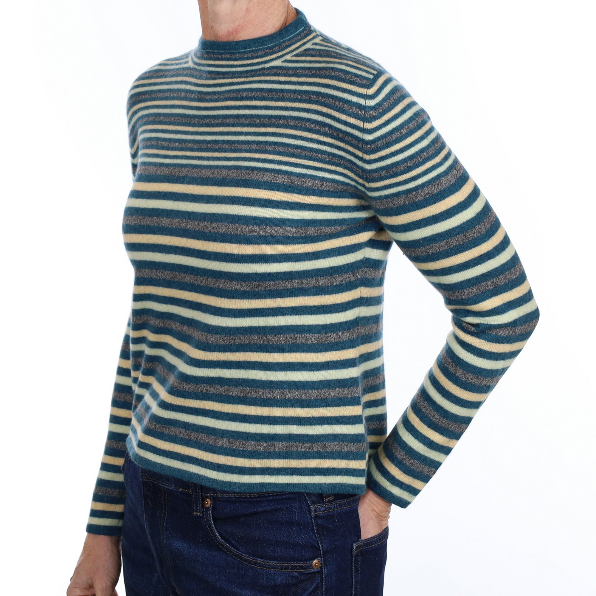 Forest Green Stripe Cashmere Turtle Neck Jumper Small