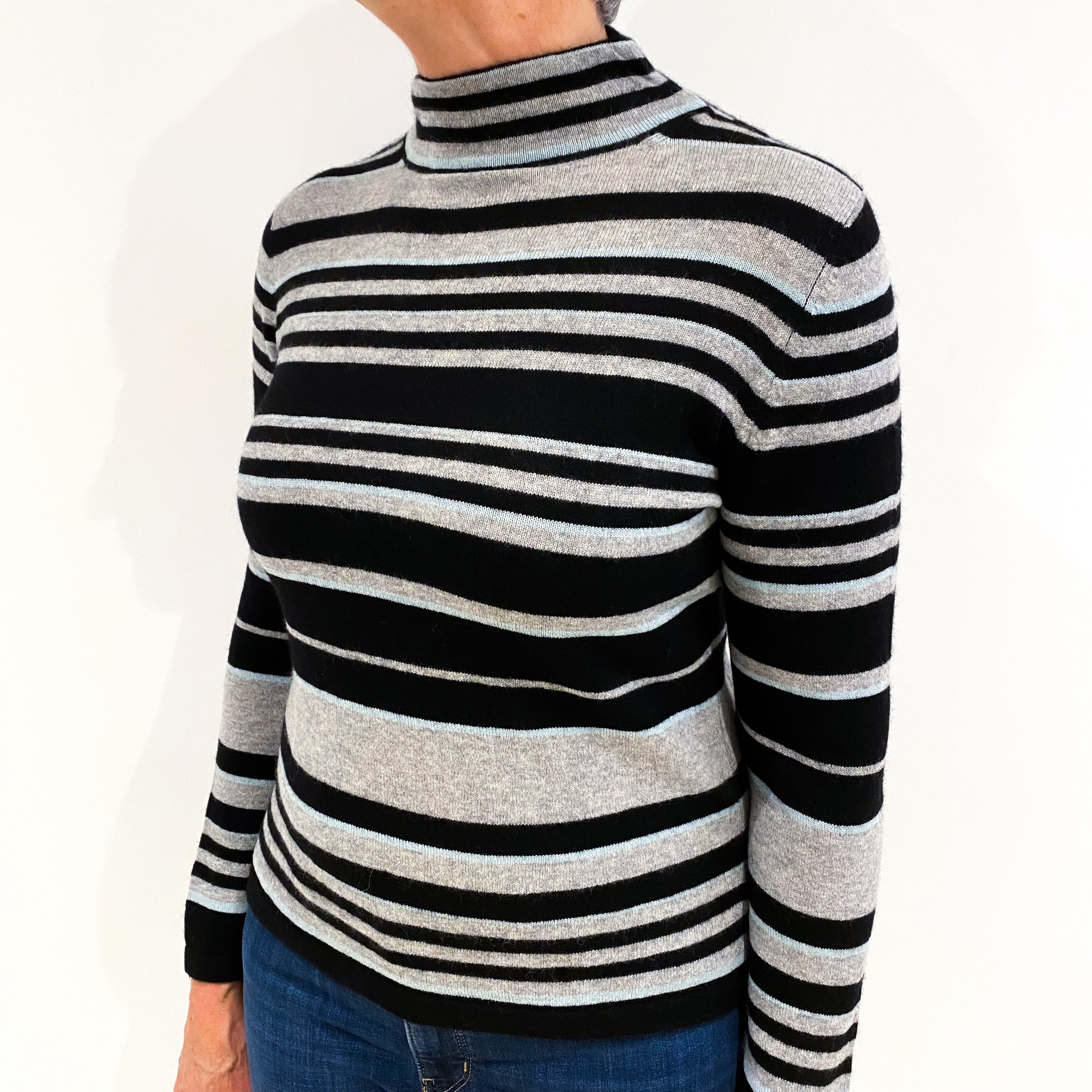 Black Grey and Mint Striped Cashmere Funnel Neck Jumper Medium