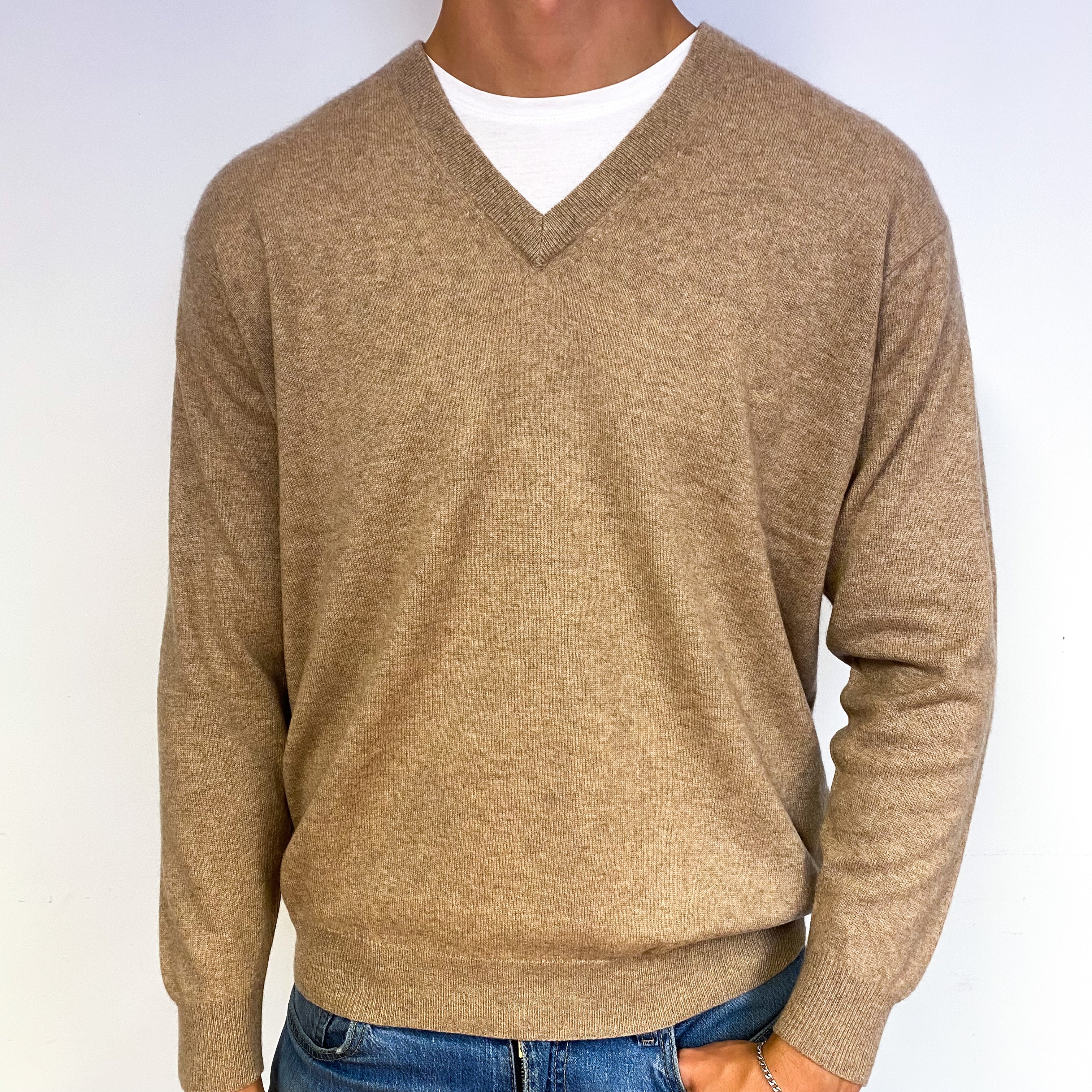 Men's Biscuit Brown Cashmere V-Neck Jumper Extra Large