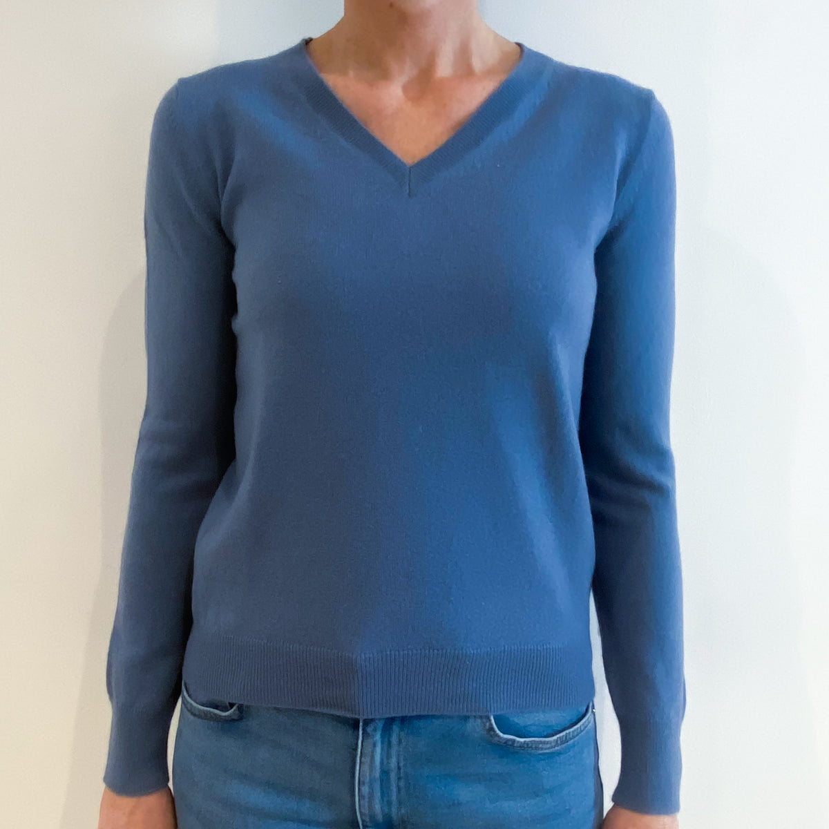 Denim Blue Cashmere V Neck Jumper Small