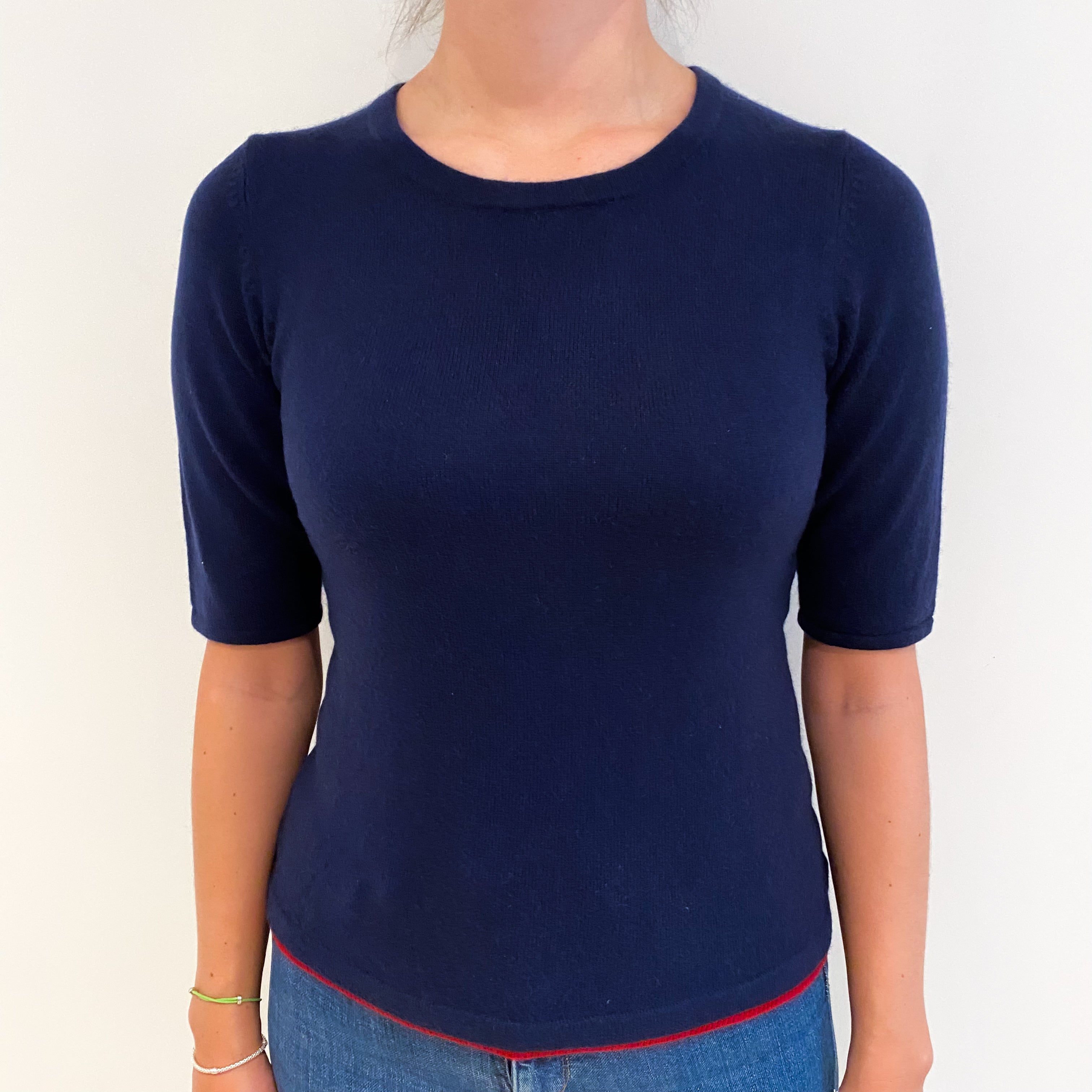 Navy Blue Cashmere Polo Neck Short Sleeved Jumper Small