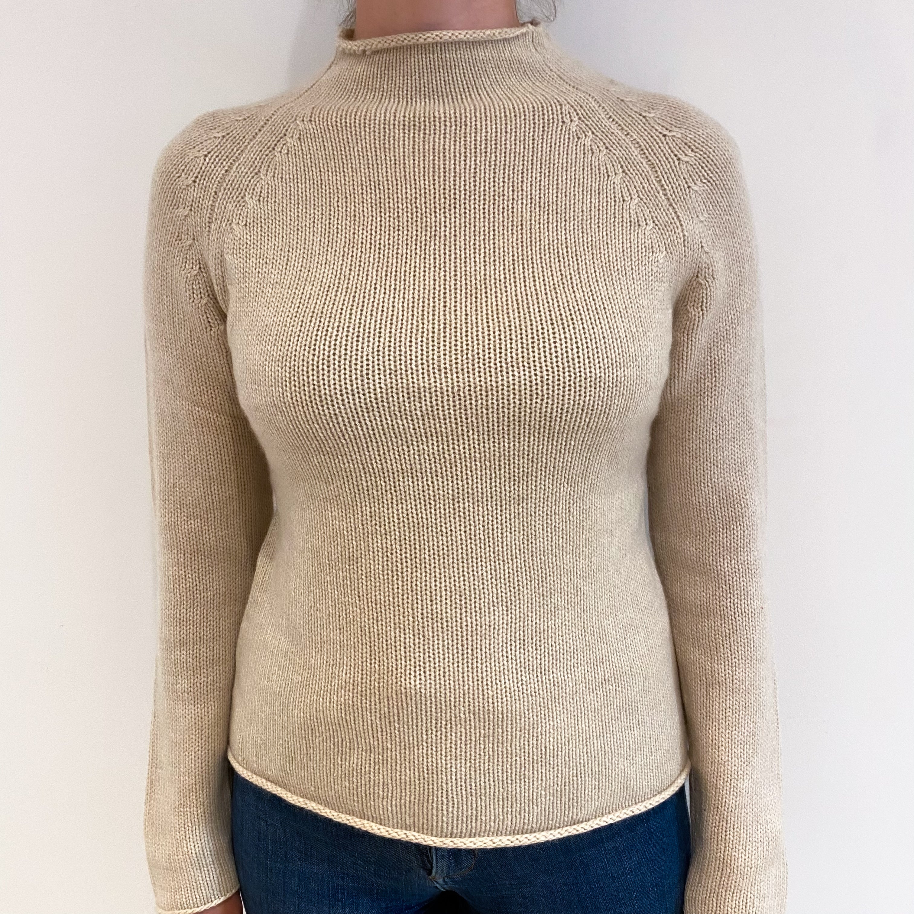 Oatmeal Beige Chunky Cashmere Funnel Neck Jumper Small