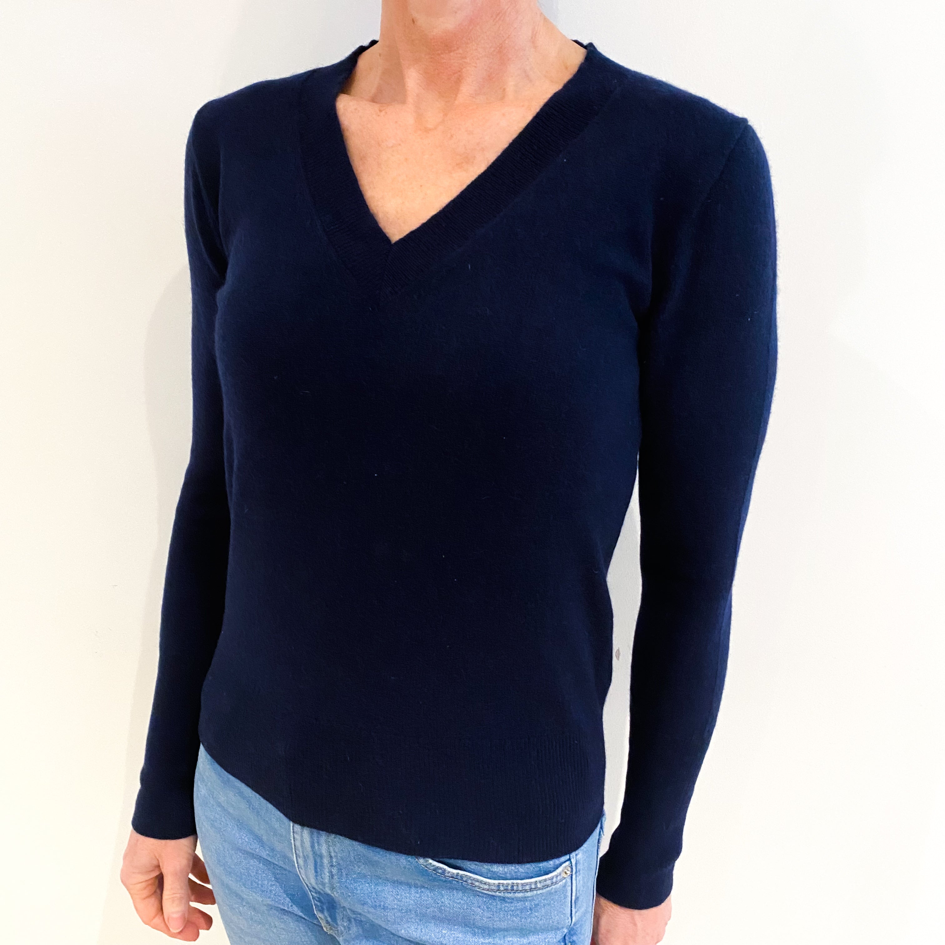 Navy Blue Cashmere V Neck Jumper Small