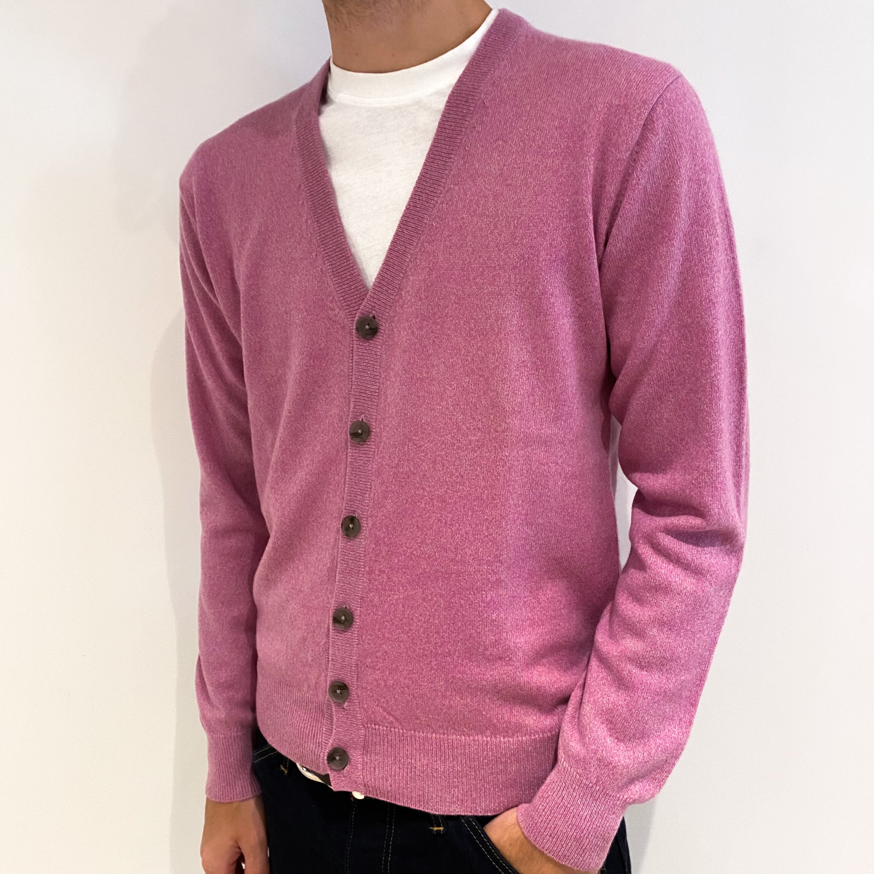 Men's Rose Pink Cashmere V Neck Cardigan Medium
