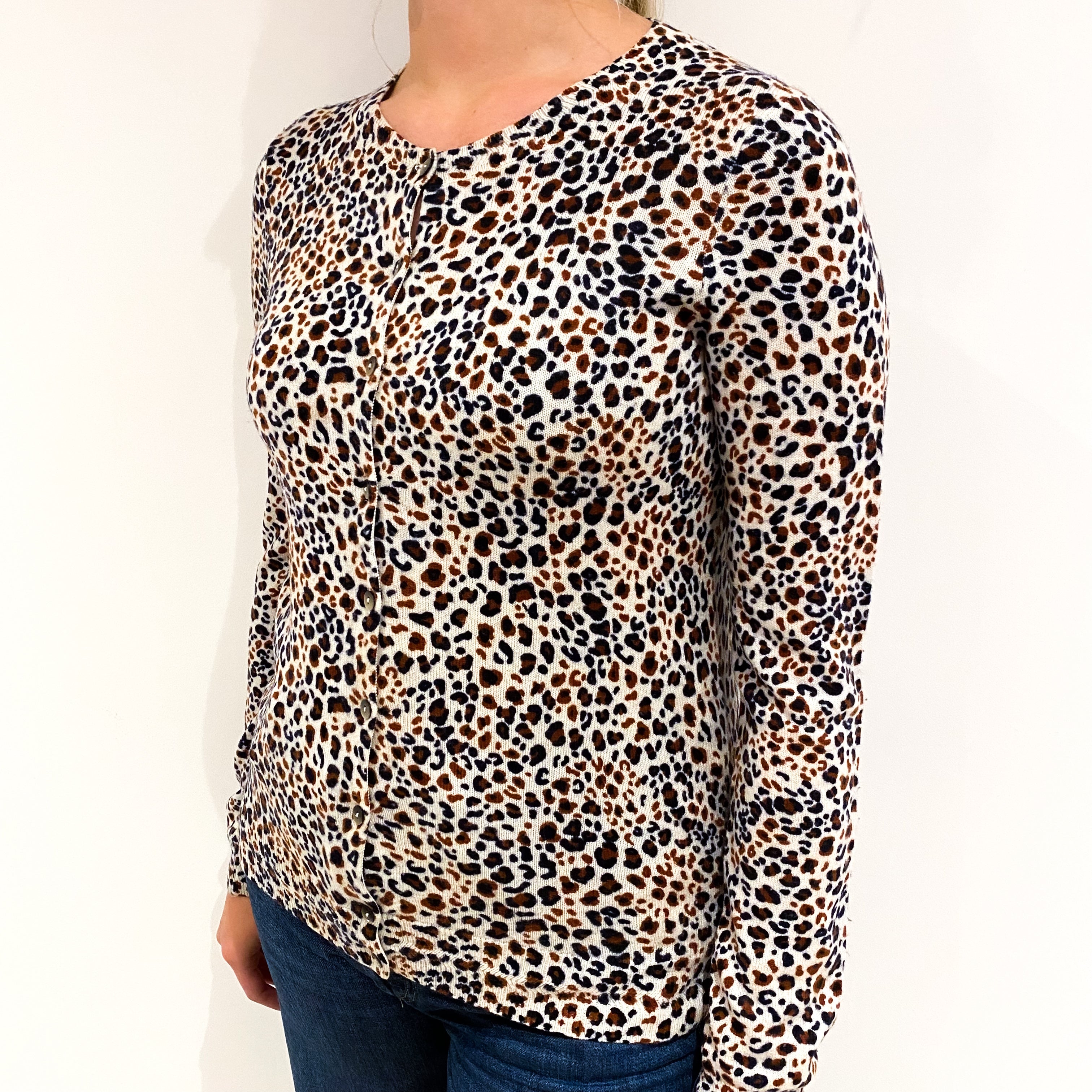 Navy and Rust Animal Print Cashmere Crew Neck Cardigan Small