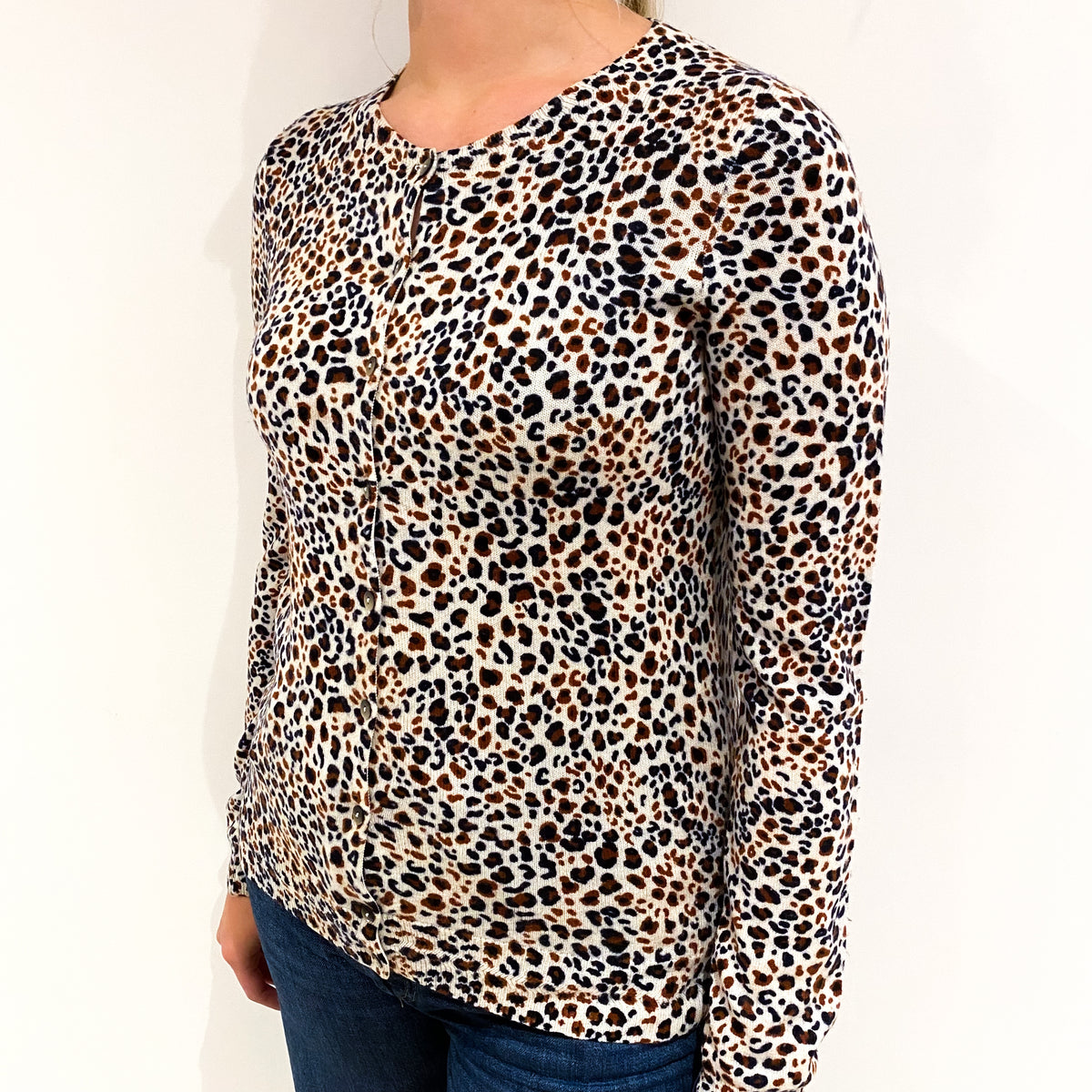 Navy and Rust Animal Print Cashmere Crew Neck Cardigan Small