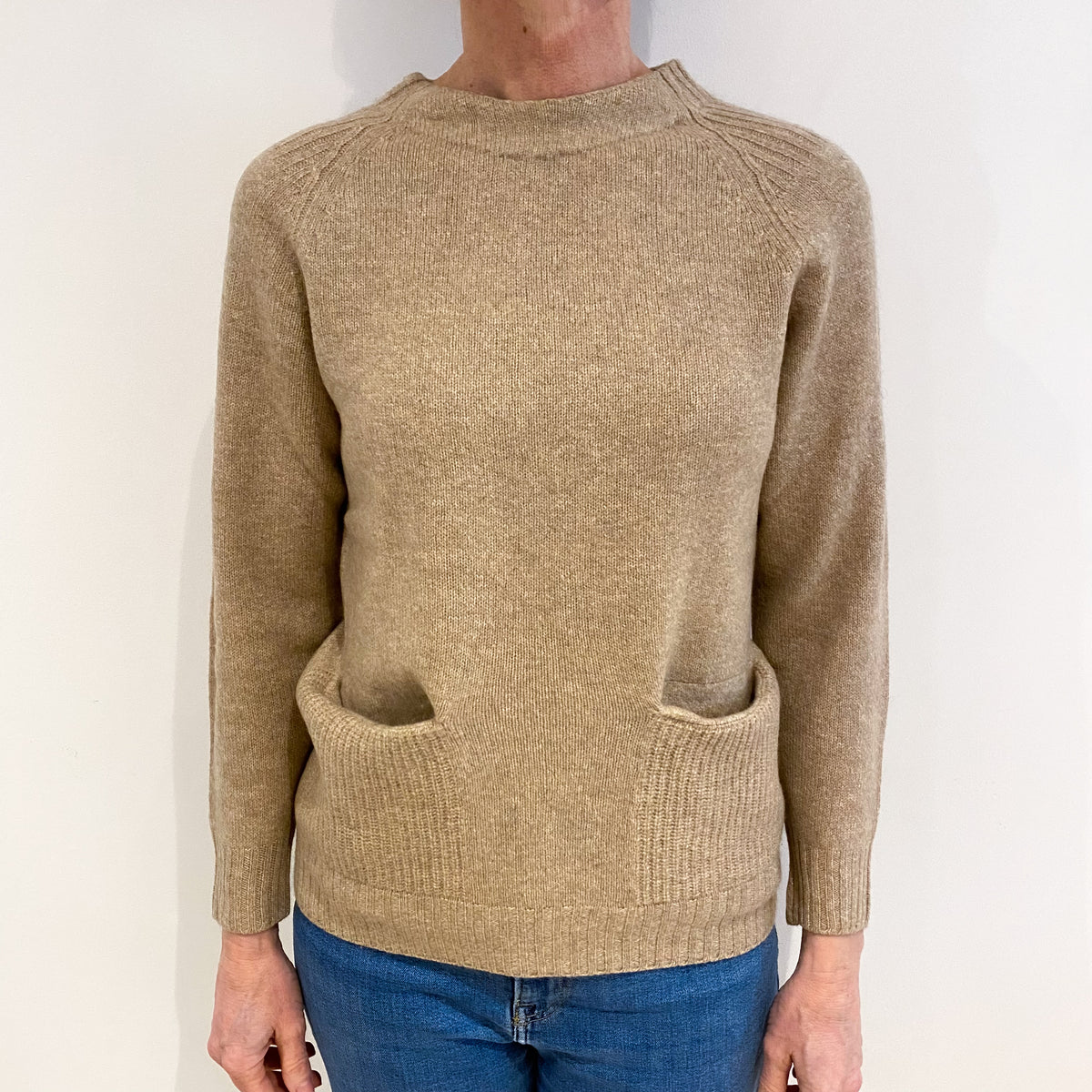 Biscuit Beige Cashmere High Crew Neck Jumper with Pockets Small