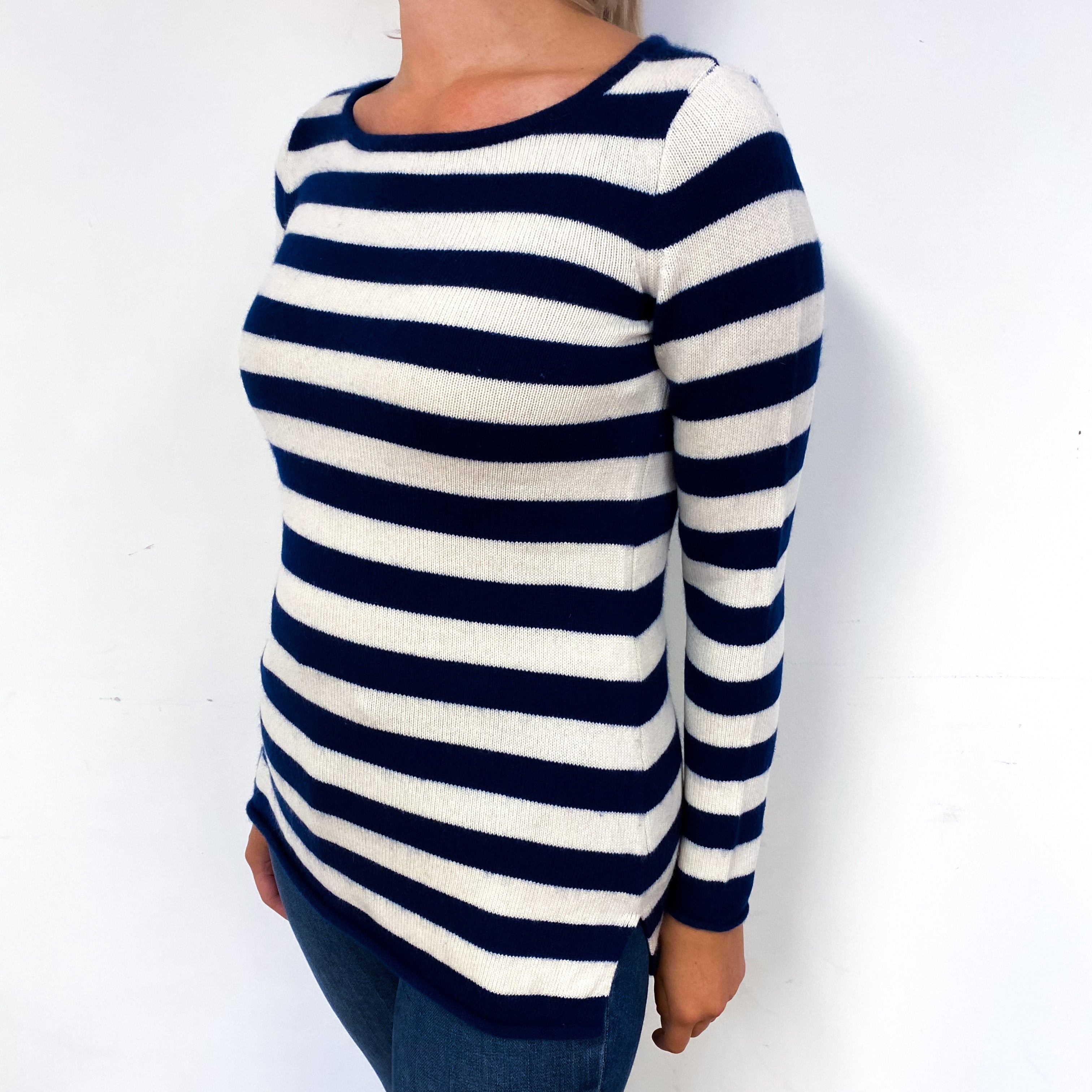 Navy Cream Stripe Cashmere Crew Neck Jumper Small
