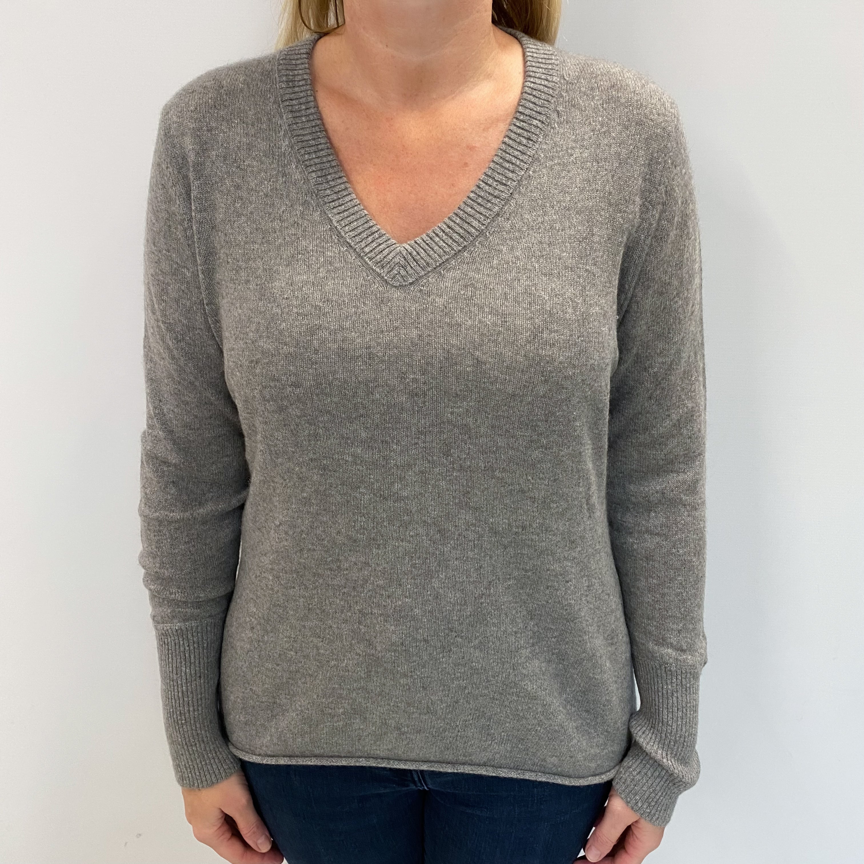 Smoke Grey Cashmere V Neck Jumper Large